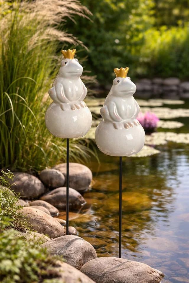 finehomegarden Gartenstecker Frosch Keramik Creme 2erSet