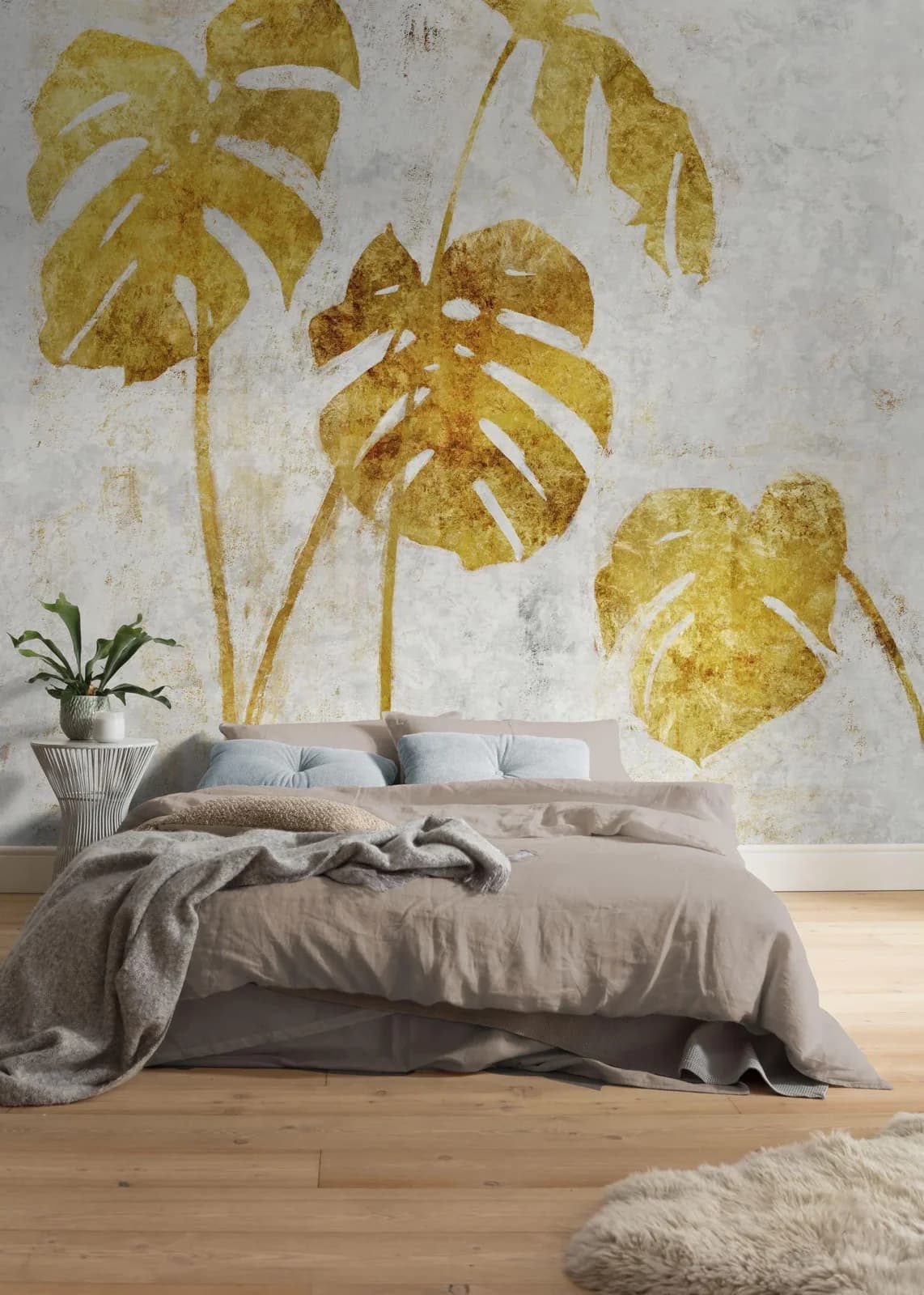 Komar Fototapete Golden Monstera 300 x 250 cm Grau Gold