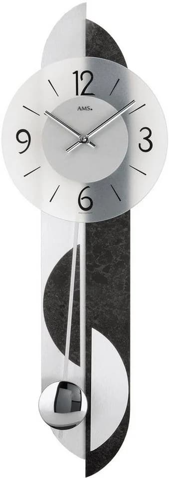 AMS Pendelwanduhr W7299 Quarzuhr Holz Aluminium Schiefer Schwarz Silber