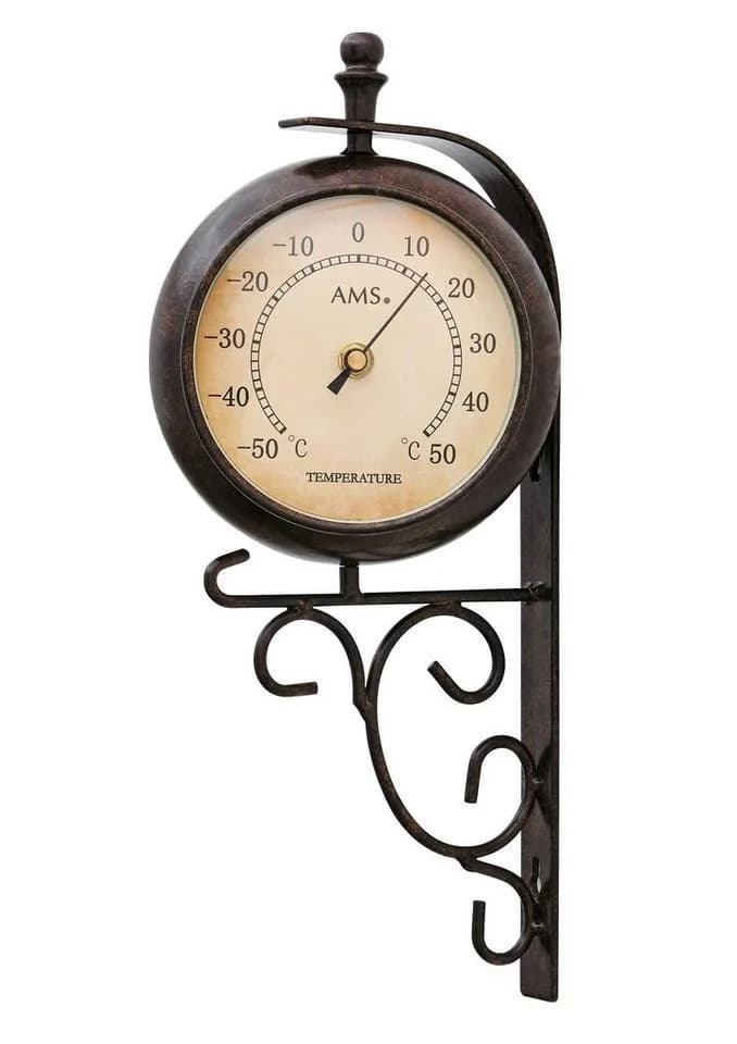 AMS Funkwanduhr F5961 Braun Retro Bahnhofsuhr mit Temperaturanzeige