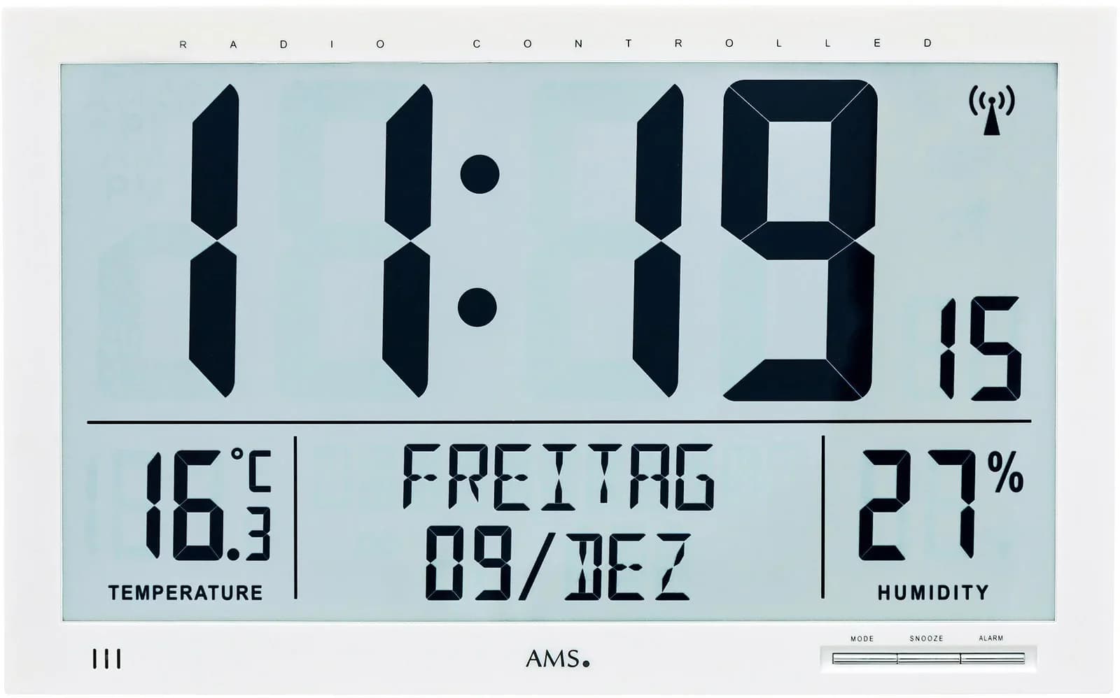 AMS Funkwanduhr F5887 Weiß Digital Quarz mit Temperaturanzeige
