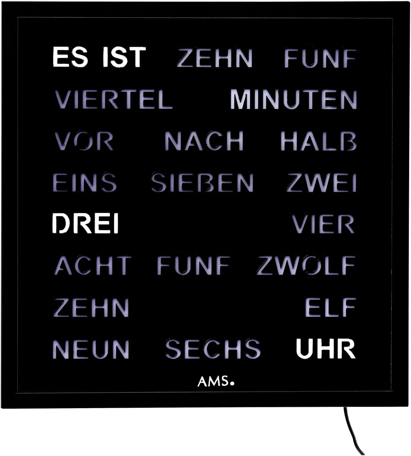 AMS Wanduhr Schwarz Digital Quarz Leuchtziffern Aluminium