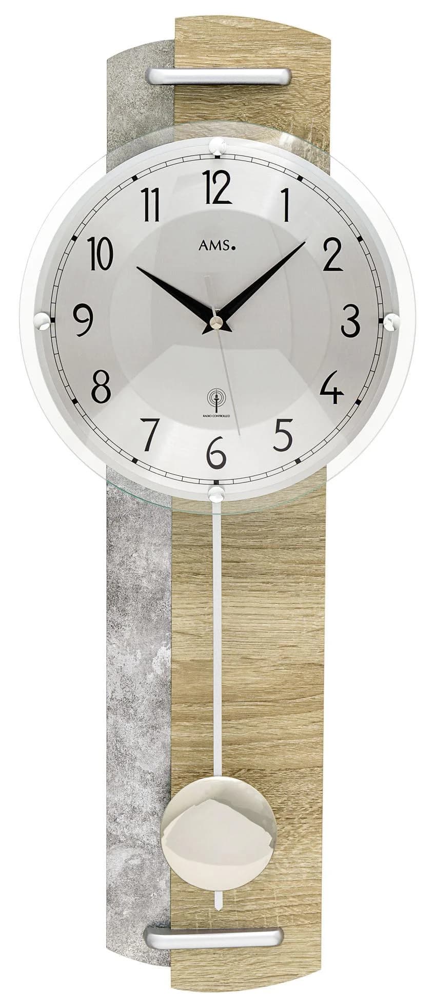 AMS Funk-Pendelwanduhr natur-grau mit Quarzwerk