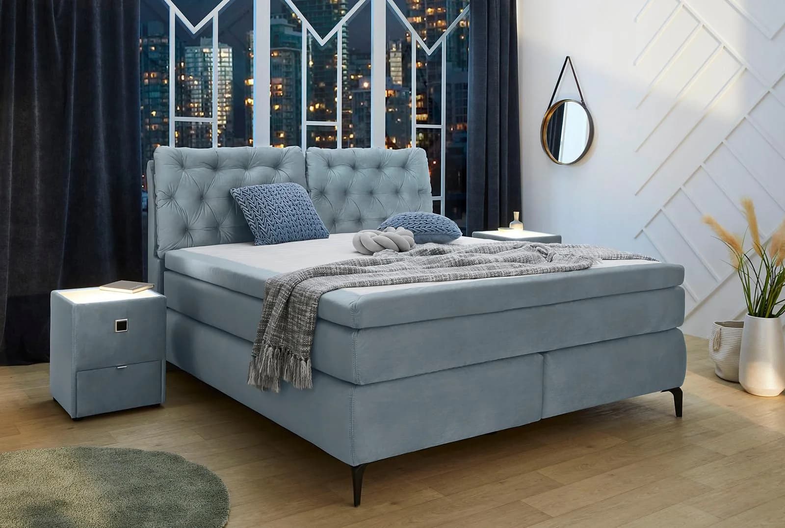 Boxspringbett Chelsea hellblau 180x200 cm 2 Matratzen H3