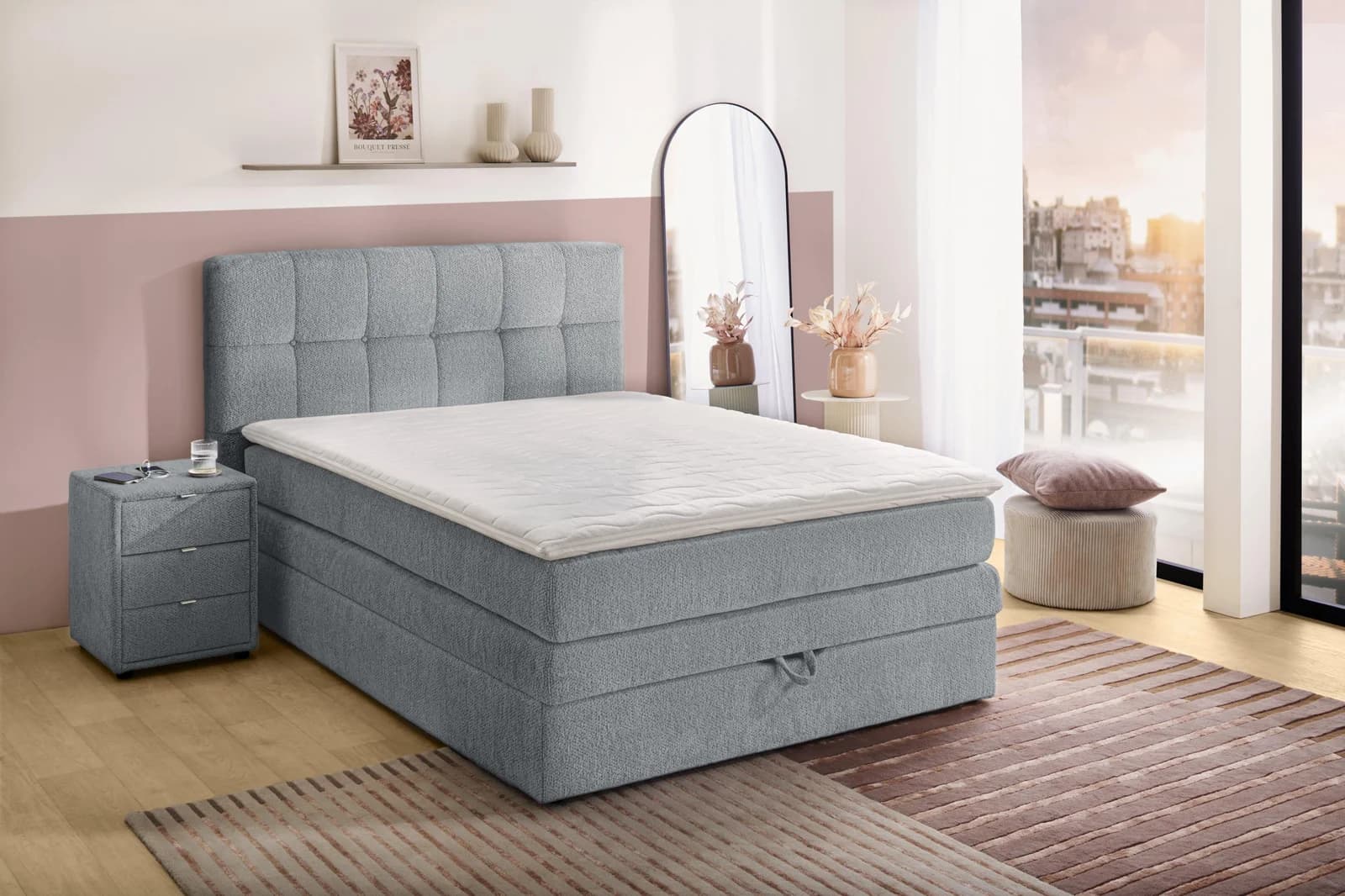 Jockenhöfer Boxspringbett Amy mit Bettkasten und Topper grau