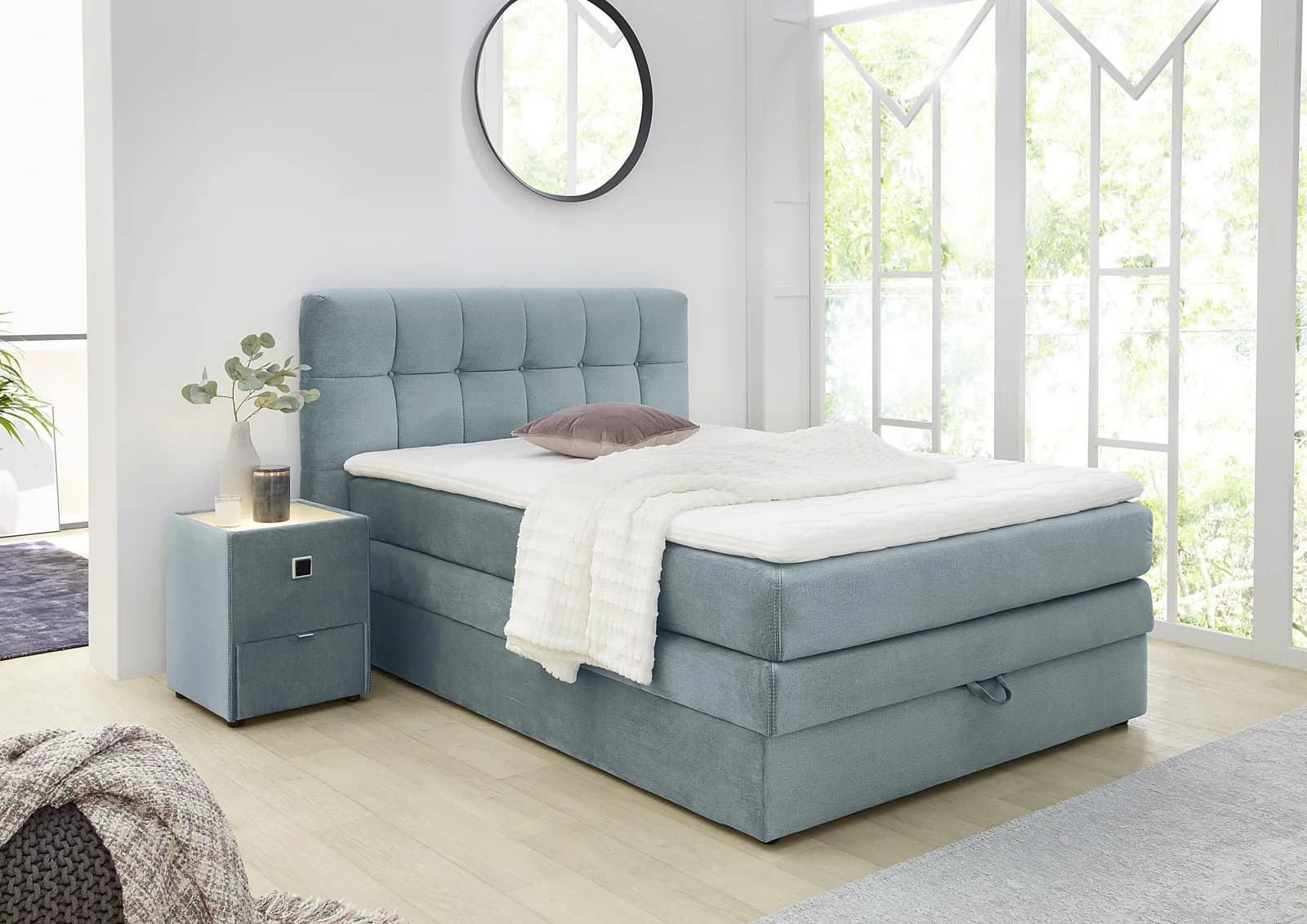 Jockenhöfer Boxspringbett Amy mit Bettkasten Petrol Samt