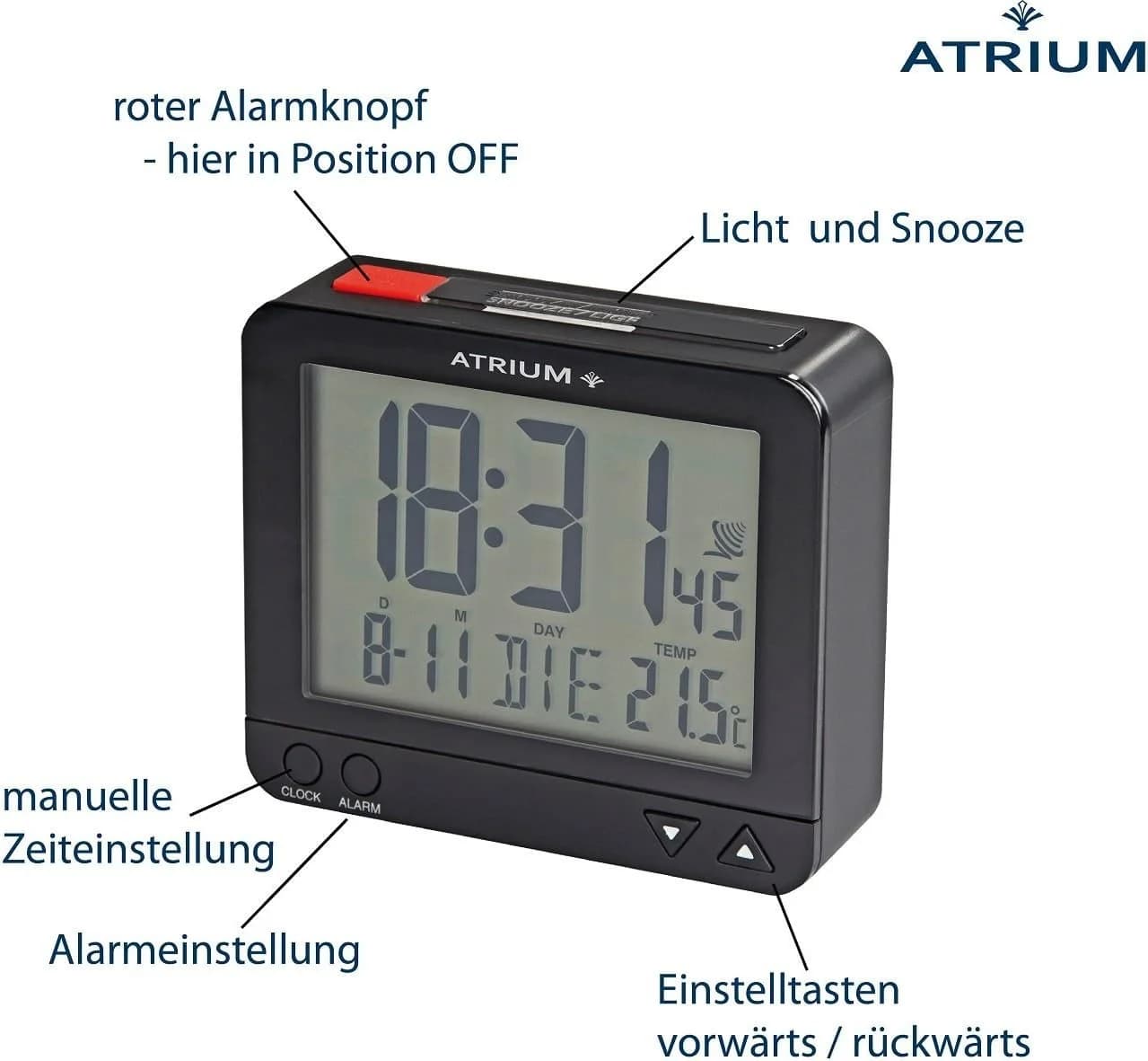 Atrium Funkwecker A760 Schwarz mit Schlummerfunktion und Temperaturanzeige