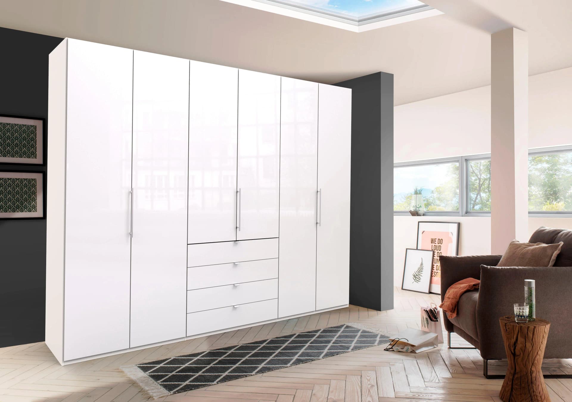 WIEMANN Loft Kleiderschrank Weiß Glasfront Falttüren Soft-Close