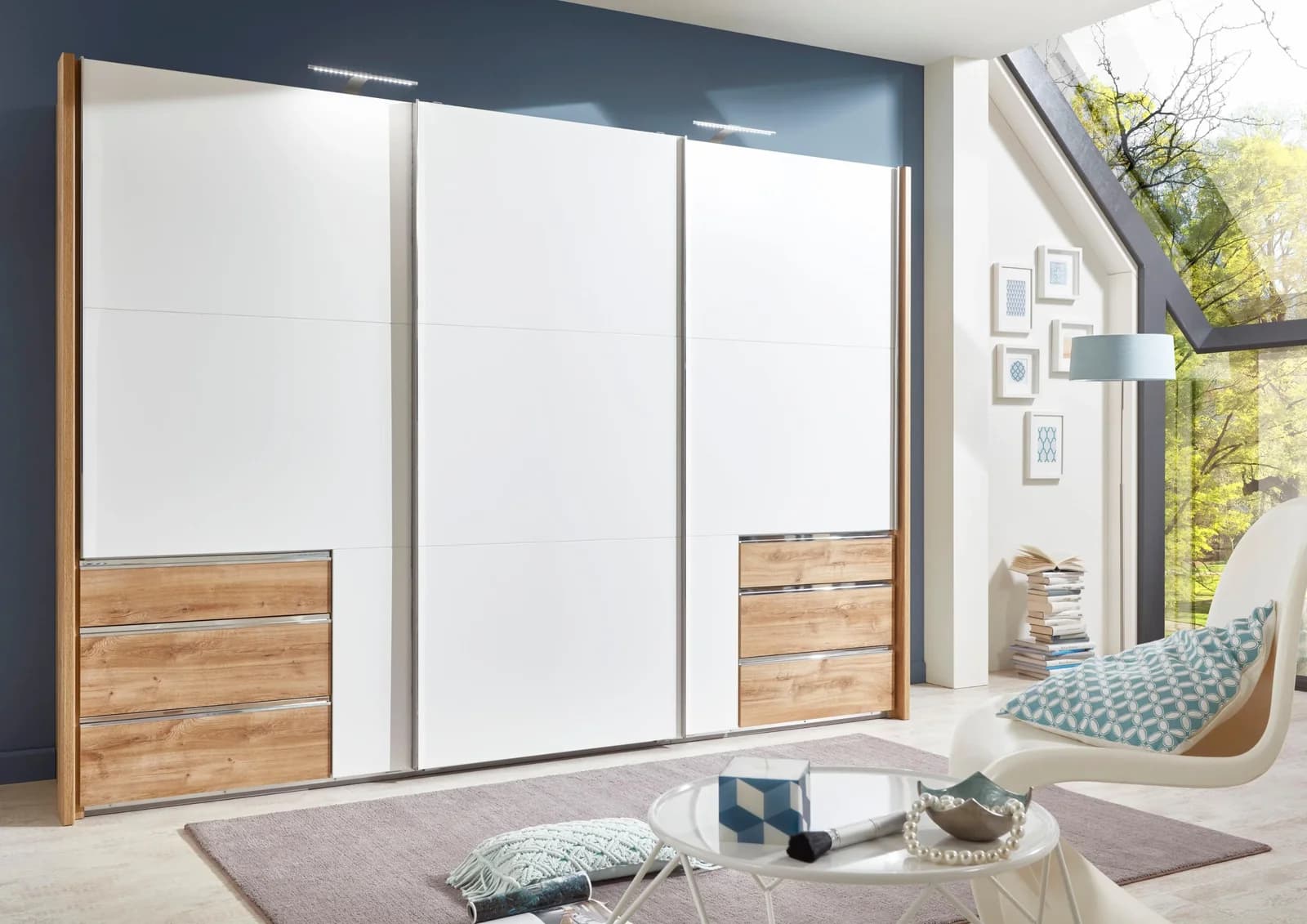 WIMEX Schwebetürenschrank Level weiß/plankeneichefarben 300x216x65 cm