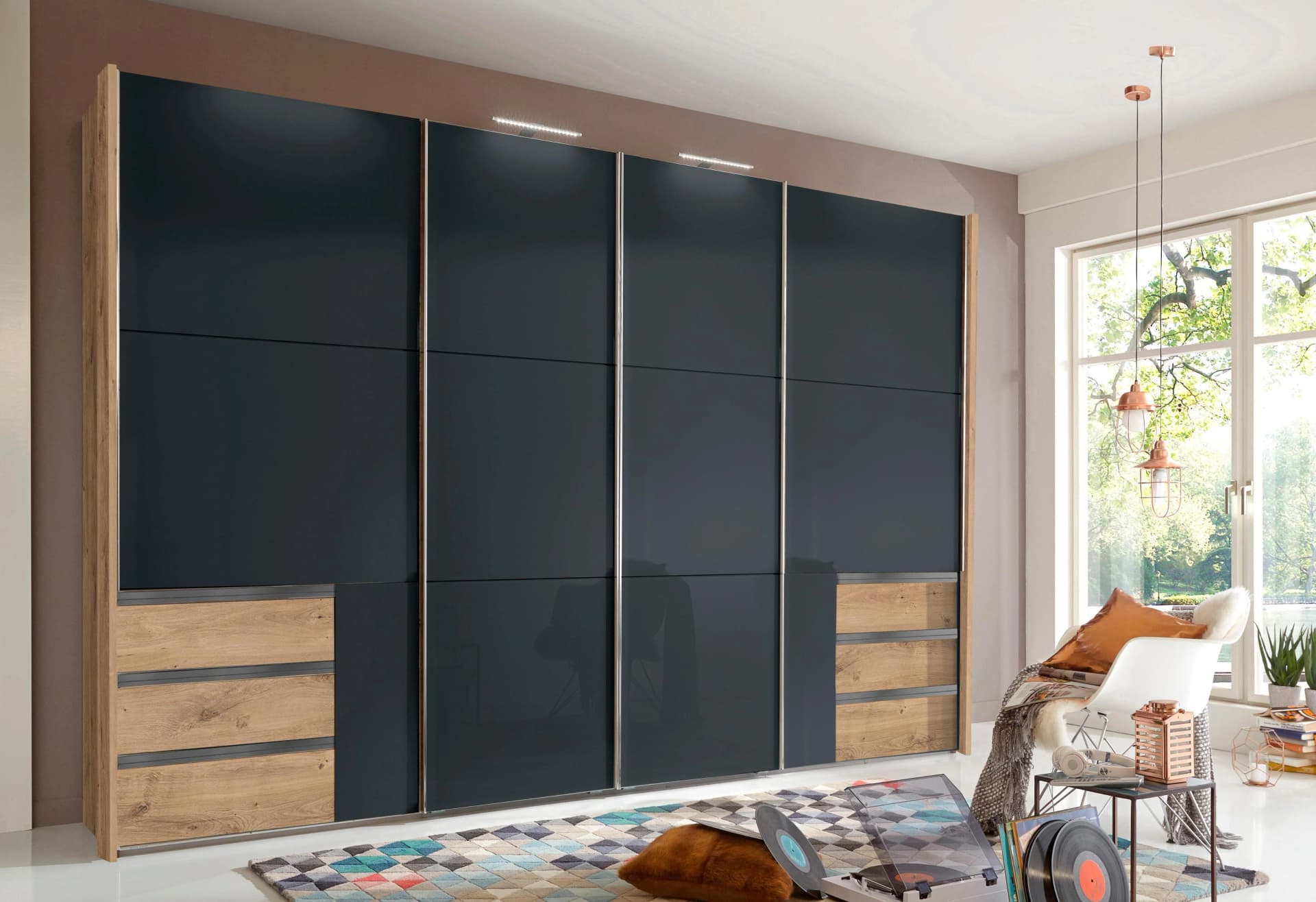 Wimex Schwebetürenschrank Level grau Glas Synchronöffnung