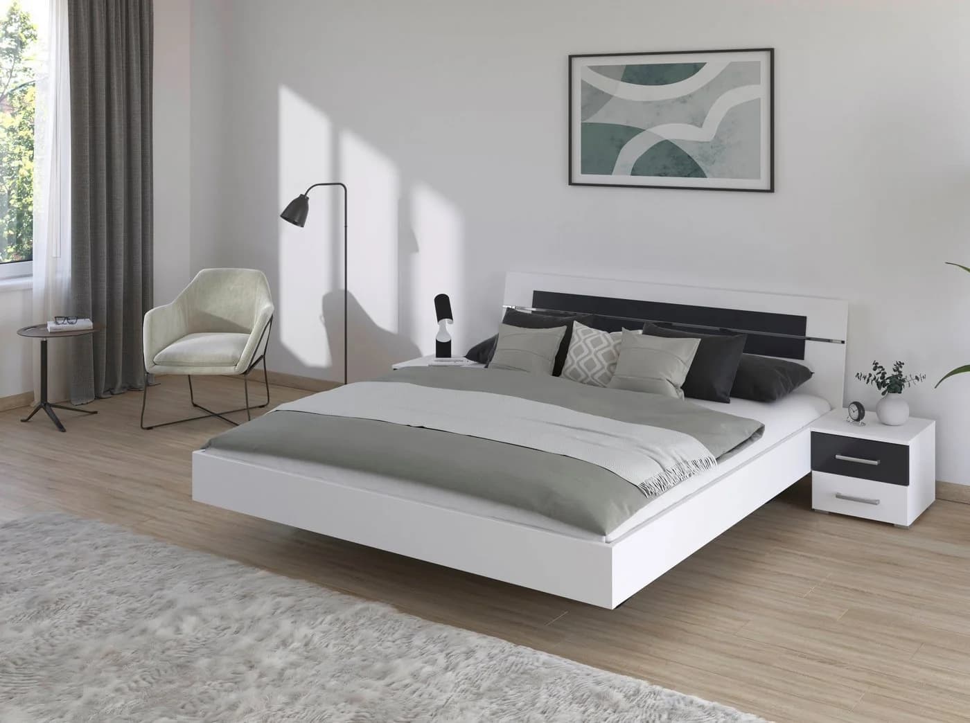 Rauch Bettanlage BURANO Doppelbett mit 2 Nachttischen Weiß/Grau