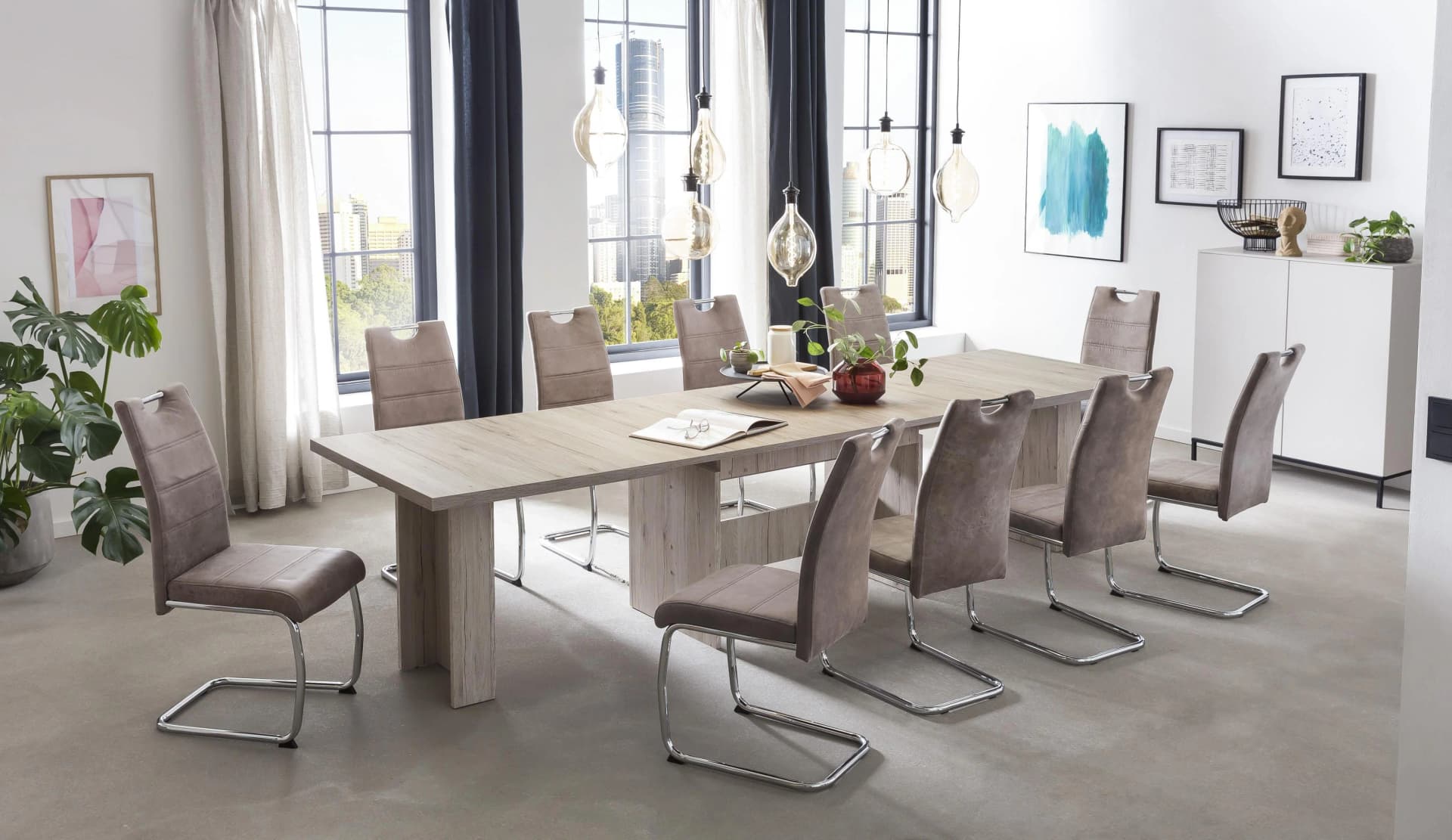 HELA Essgruppe Lia 11-tlg. Ausziehbar Sandeiche Beige Microfaser