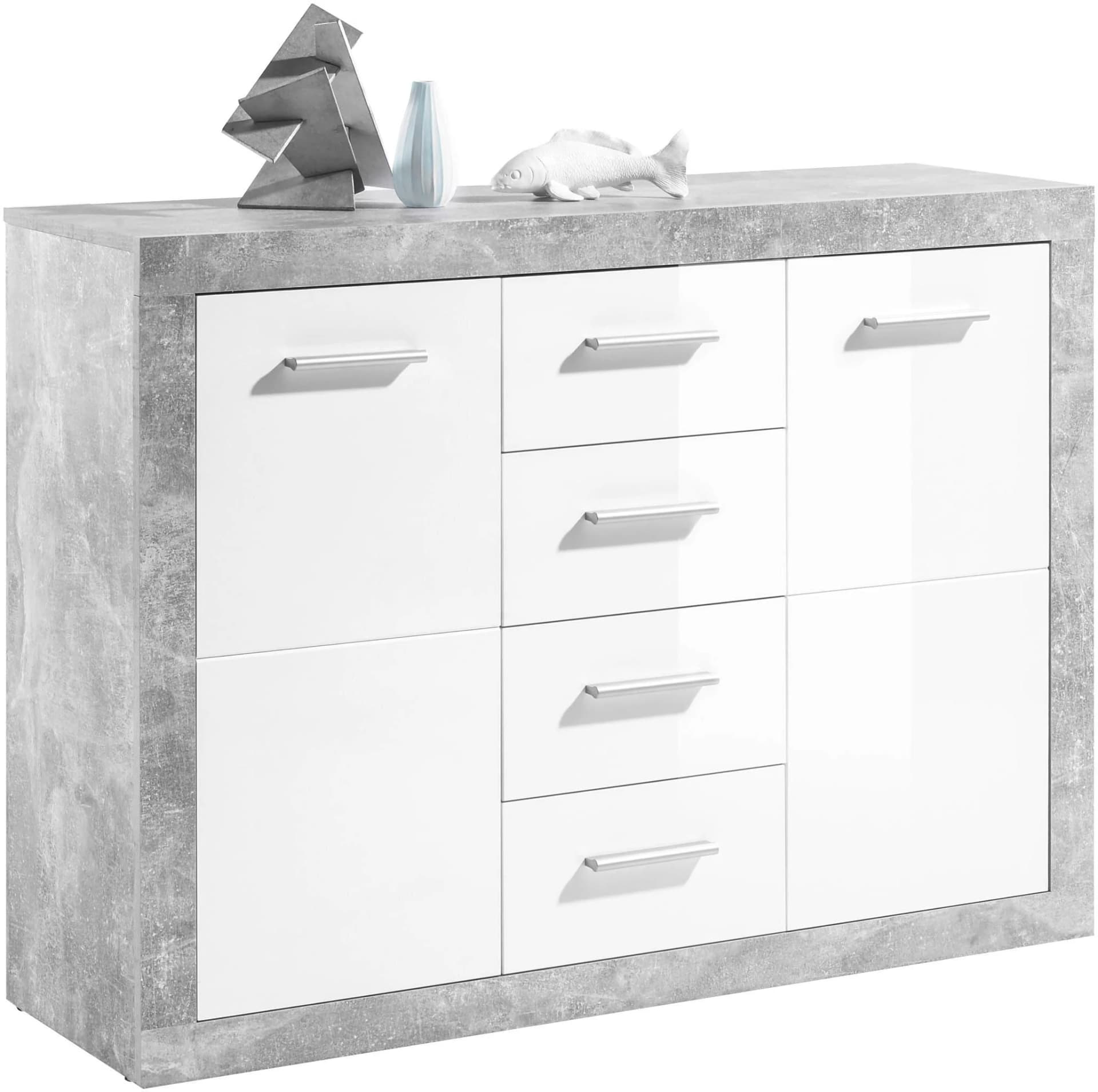HBZ Stone 2 Kommode Weiß Beton Glanz 2 Türen 4 Schubkästen