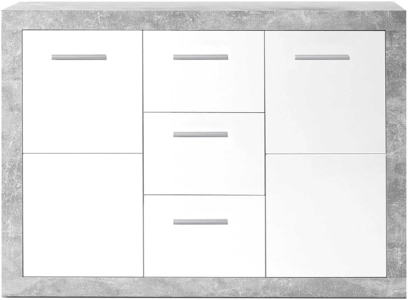 Sideboard HBZ Stone Weiß Hochglanz Grau Beton 2 Türen 3 Schubladen