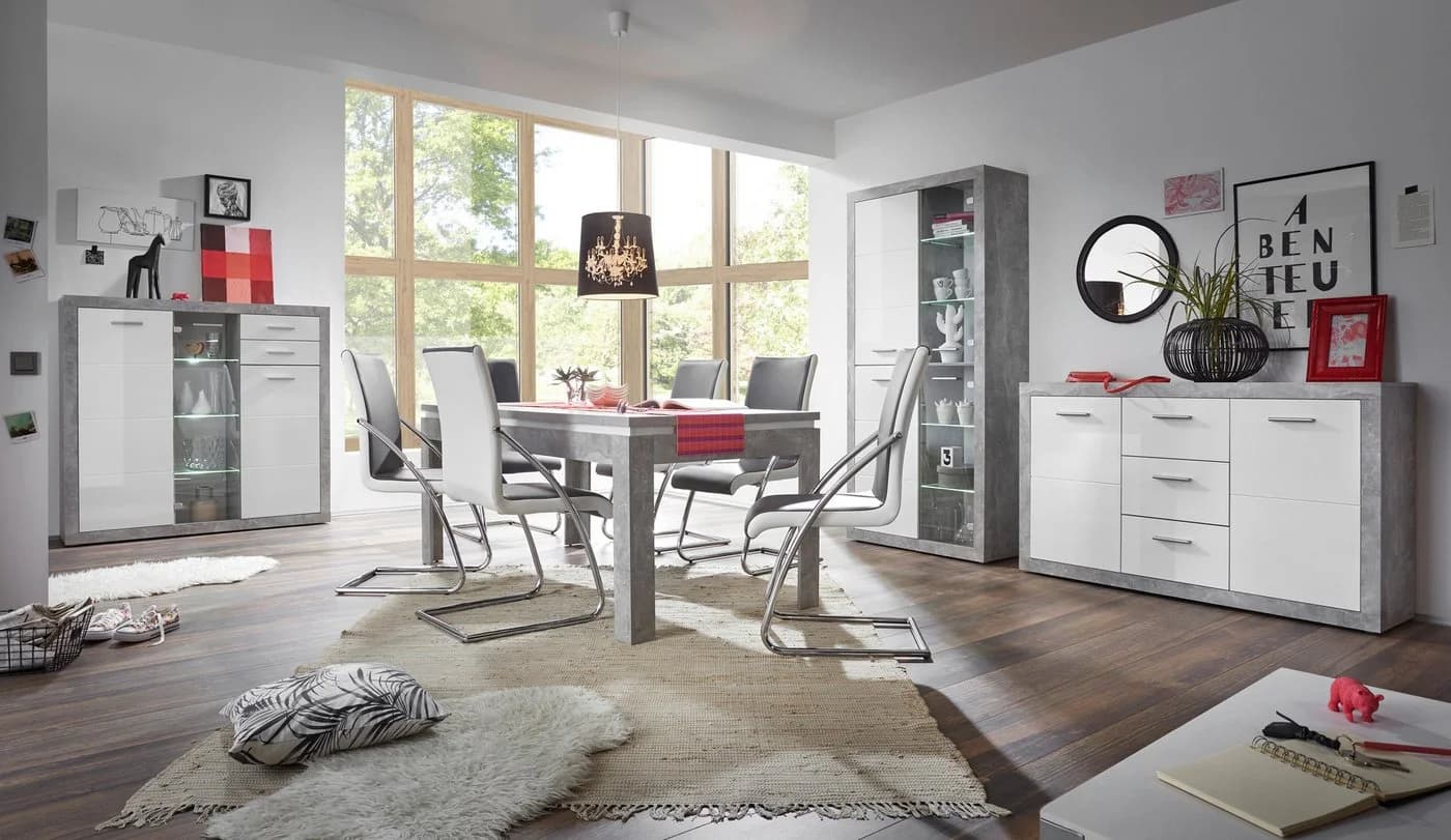 HBZ Highboard Stone Weiß Beton 137x134x37 cm mit Glastür
