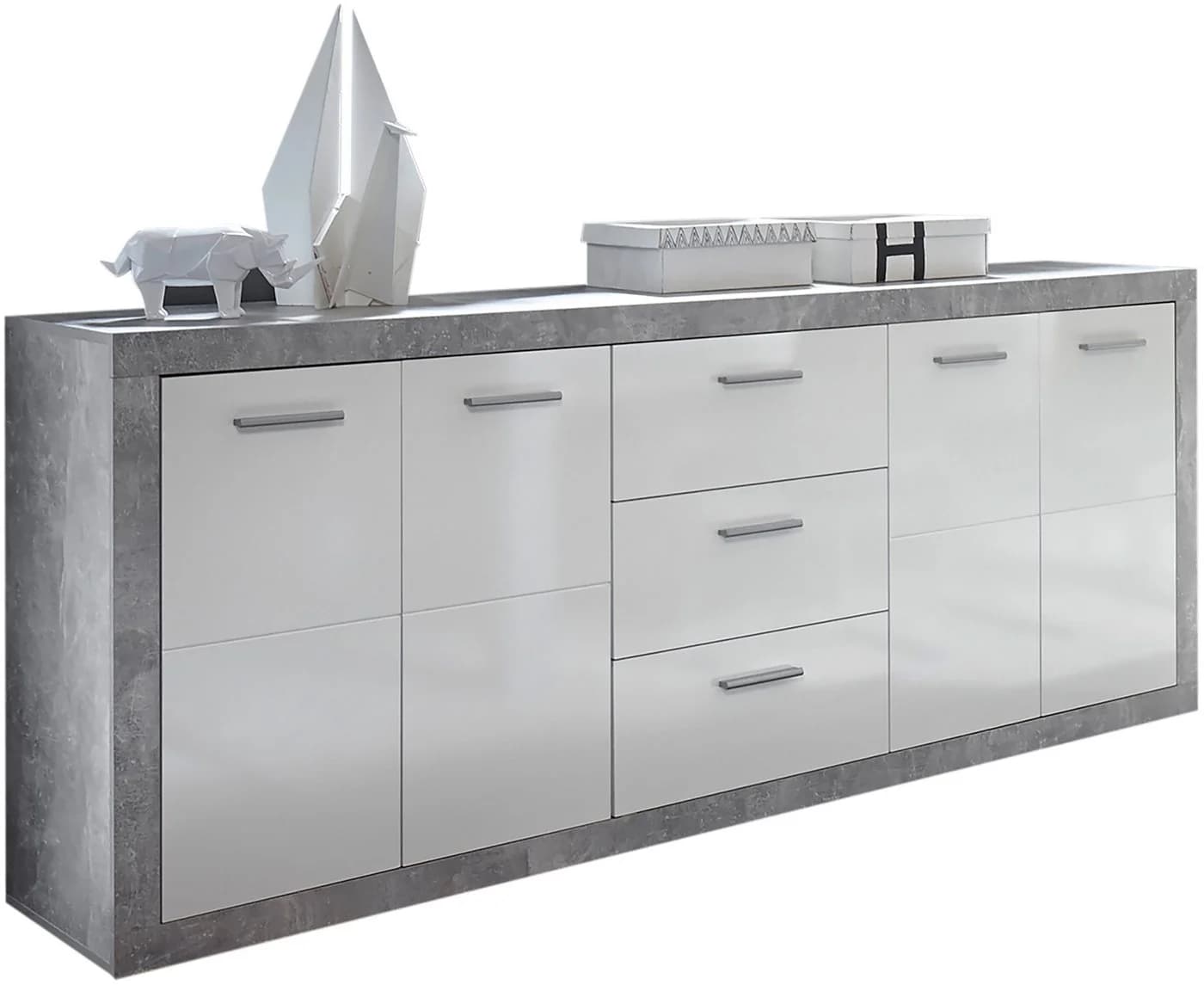 HBZ-MEBLE Sideboard Stone Weiß Grau 4 Türen 3 Schubladen