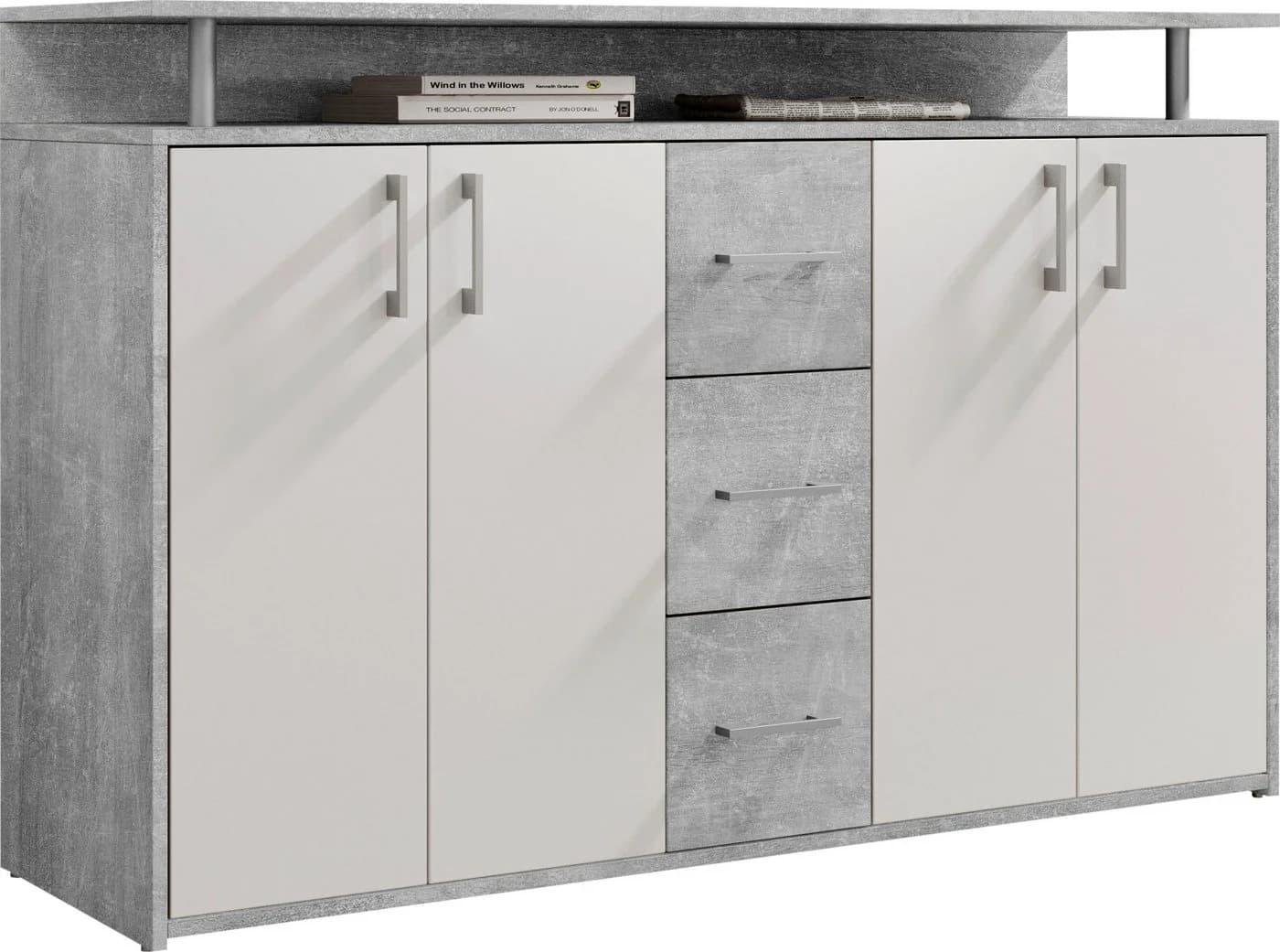 HBZ Drivno Sideboard 139x90x34 cm Weiß/Beton mit 3 Schubkästen