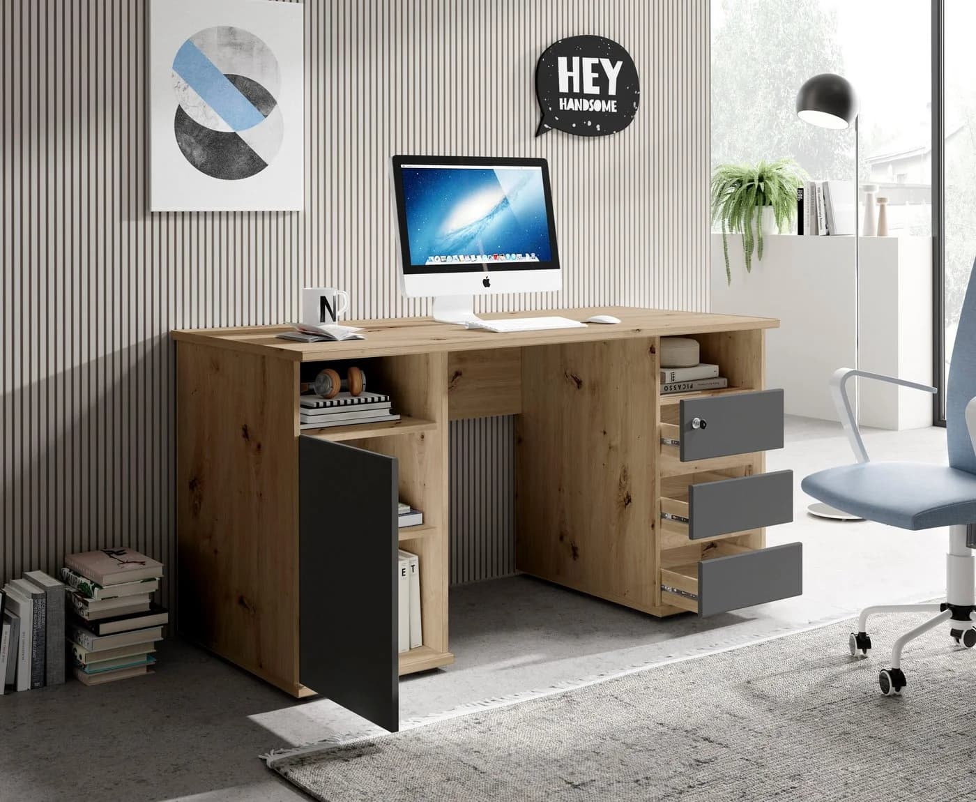 BEGA OFFICE Primus U2 Schreibtisch mit Schubkasten Anthrazit Eiche