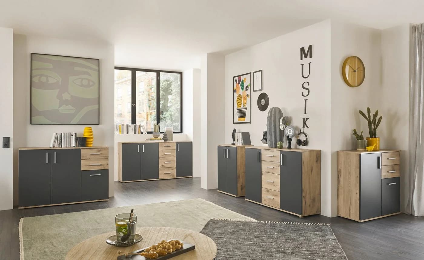 HBZ Kommode BC-Drift-2 Sideboard 3 Türen 4 Schubladen Braun Grau