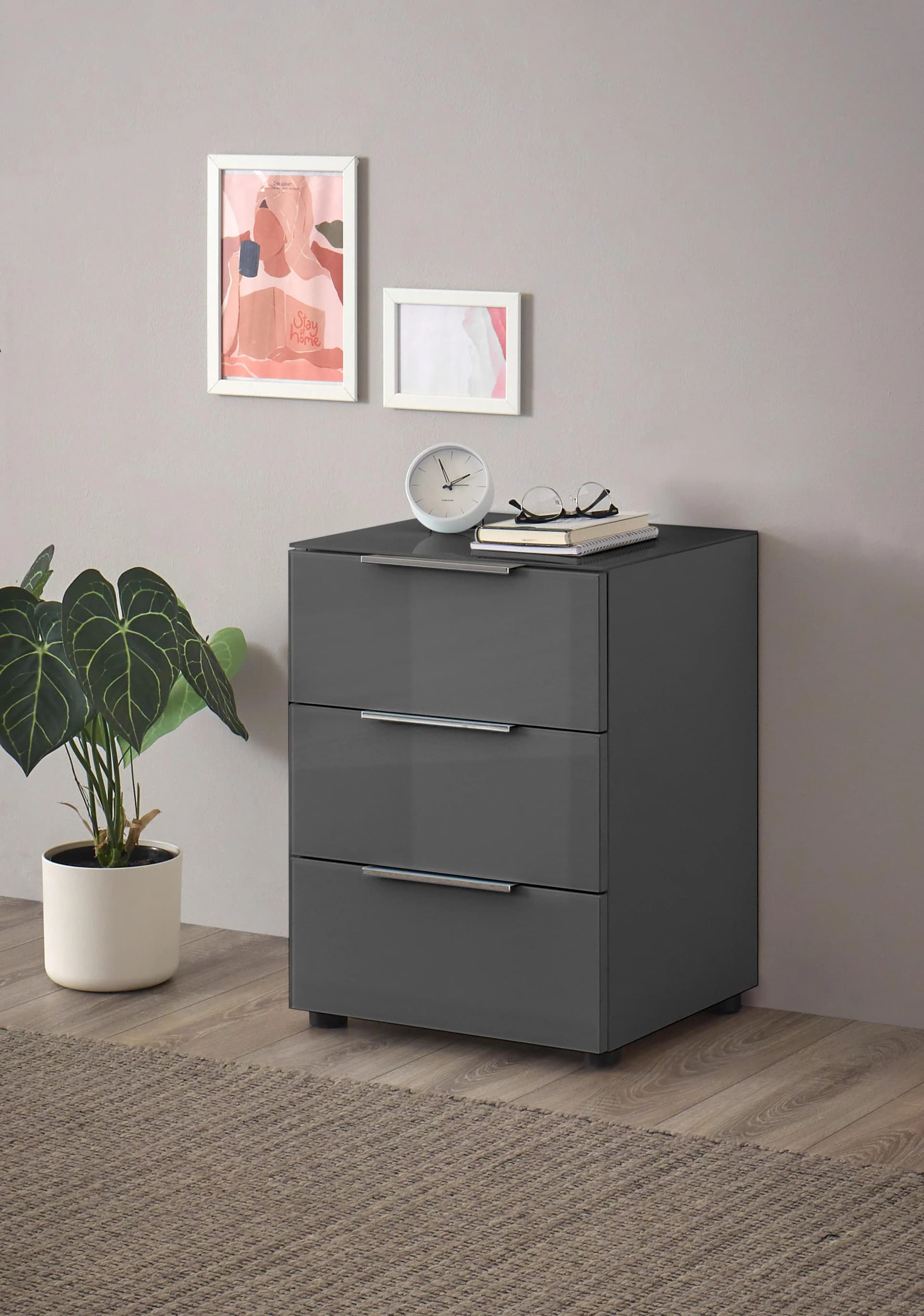 HBZ Santorin Kommode Anthrazit Glasfronten 3 Schubladen
