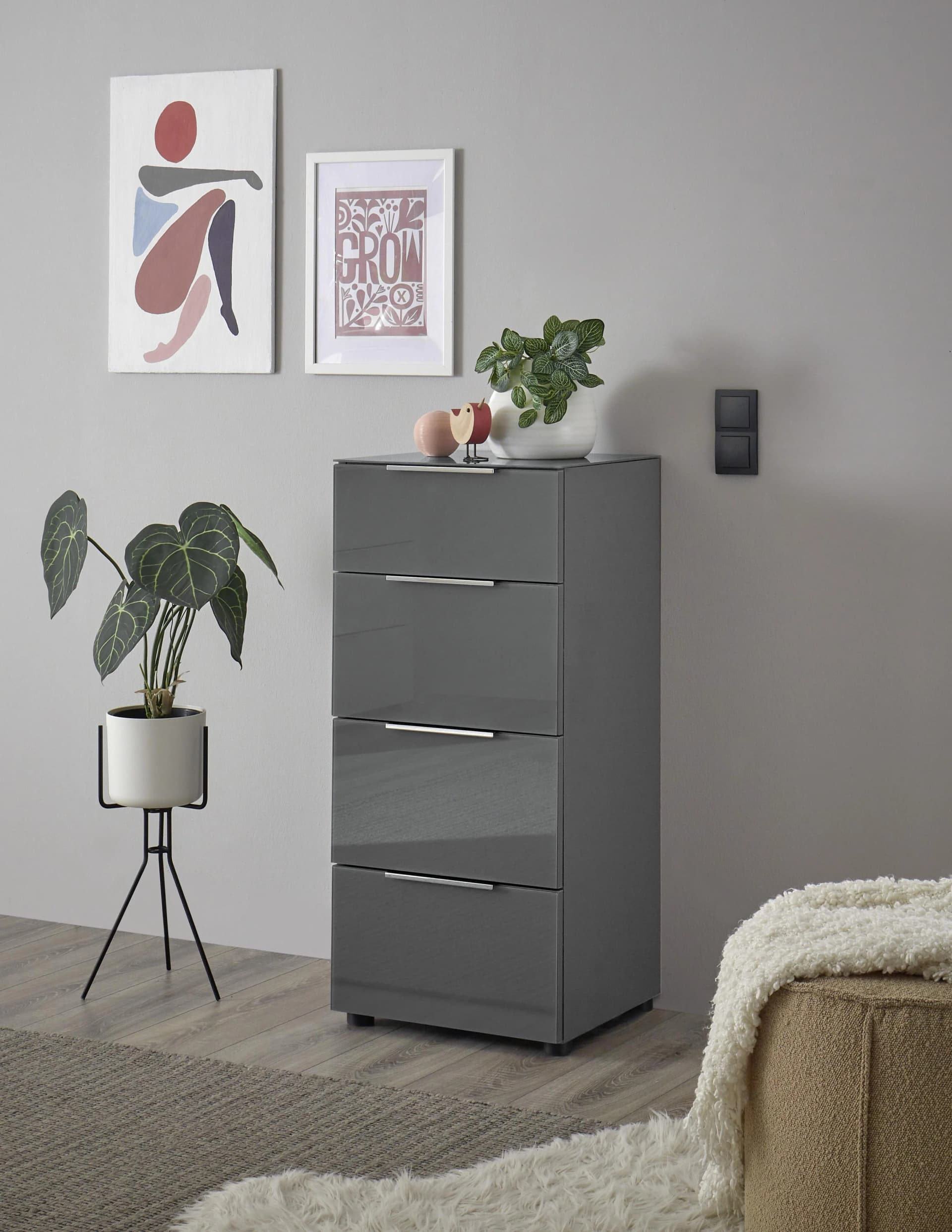 HBZ Santorin Kommode Anthrazit mit 4 Schubkästen und Glasfront