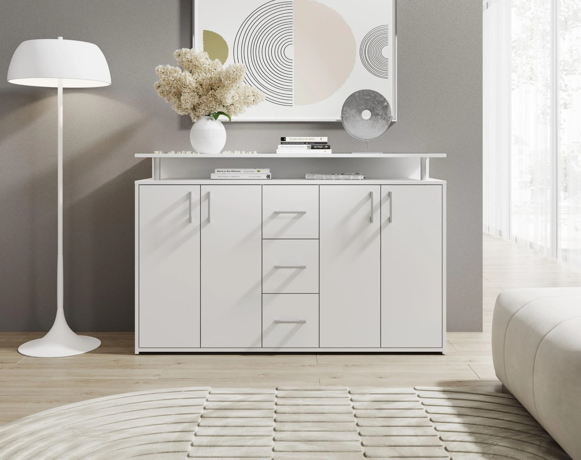HBZ-MEBLE Drivno Sideboard Weiß mit 3 Schubkästen und 4 Türen