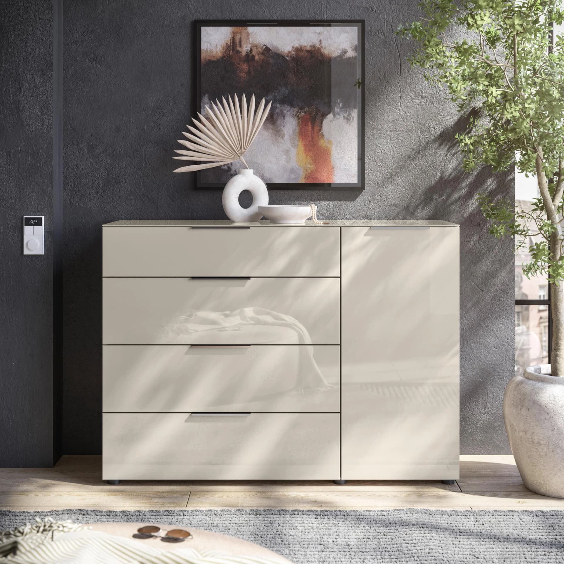 HBZ Kommode Santorin Beige Glasfronten Softclose Melamin