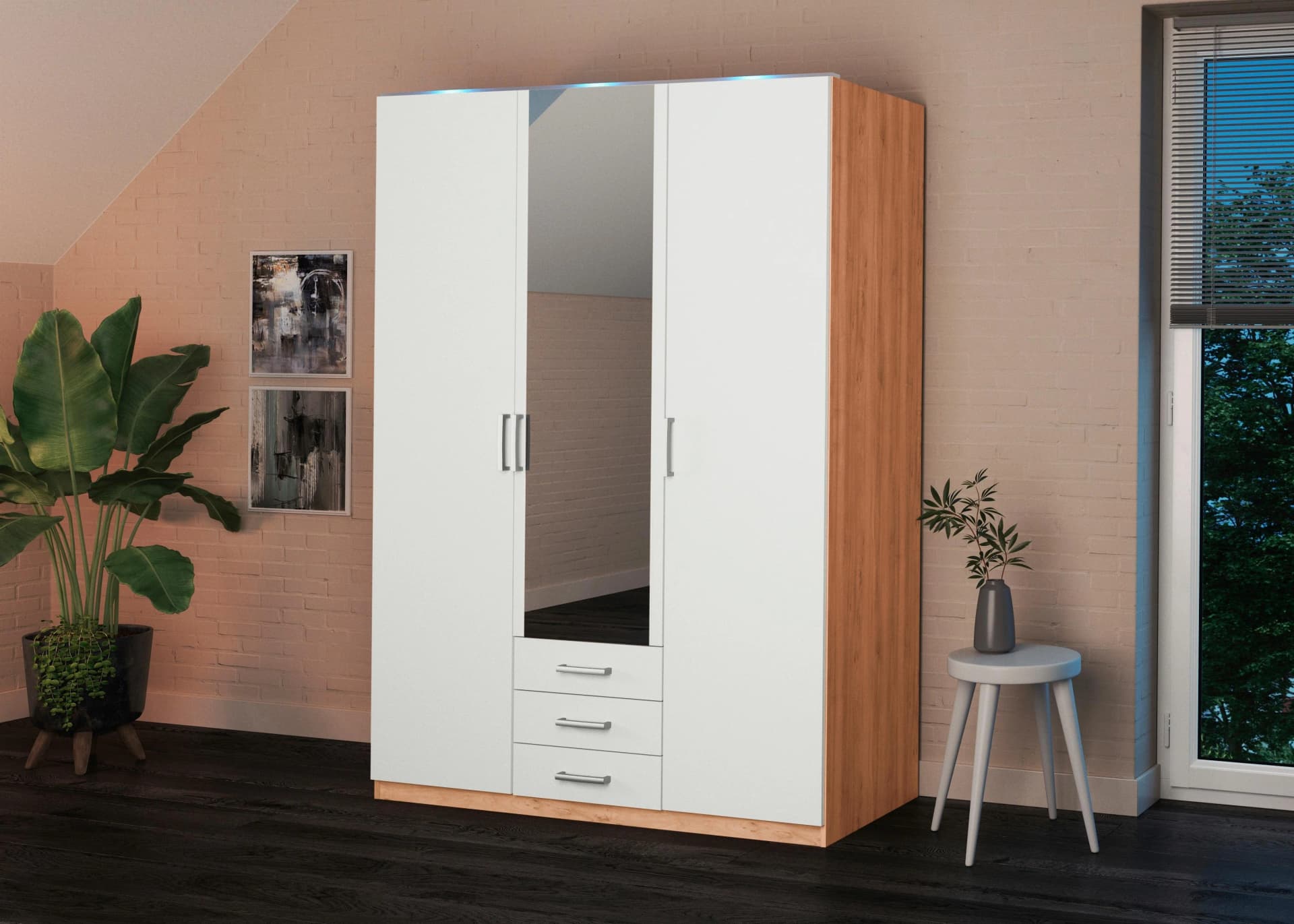 Kleiderschrank PRIESS Amsterdam 3-türig mit LED-Beleuchtung Weiß/Braun