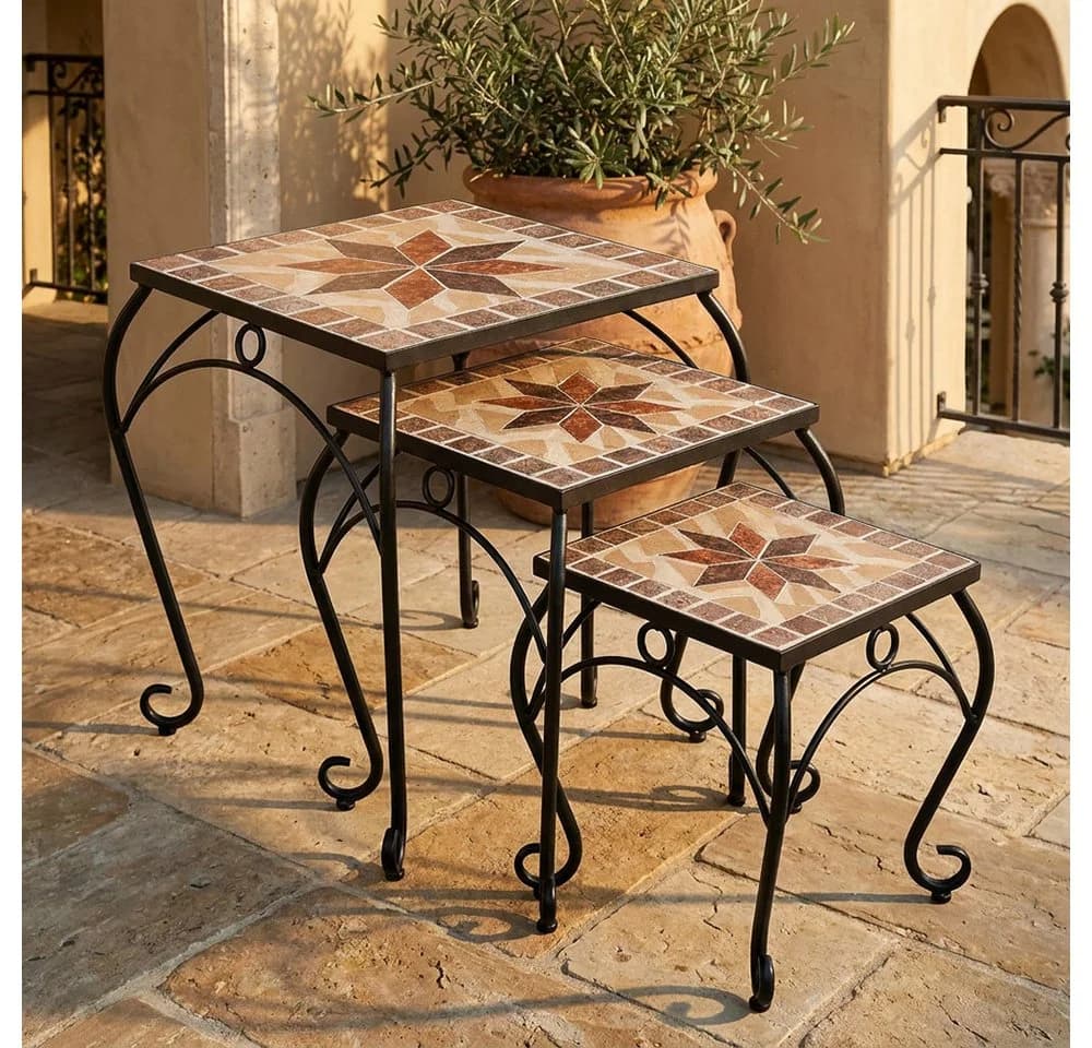 Harms Import Gartentisch Hocker 3er Set Schwarz Mosaikoptik