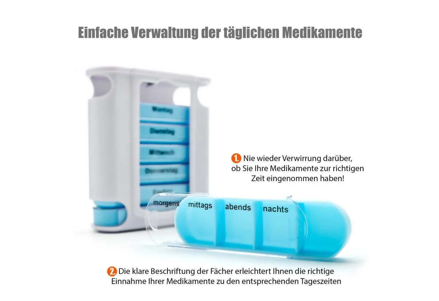 BigDean Pillendose 2 Stück Weiß/Blau 7-Tage-Tablettenbox BPA-Frei