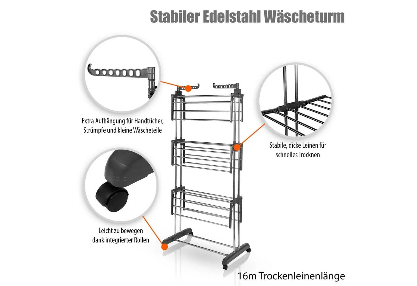 BigDean Wäscheständer Turm Grau 3 Ebenen 18m Trockenlänge