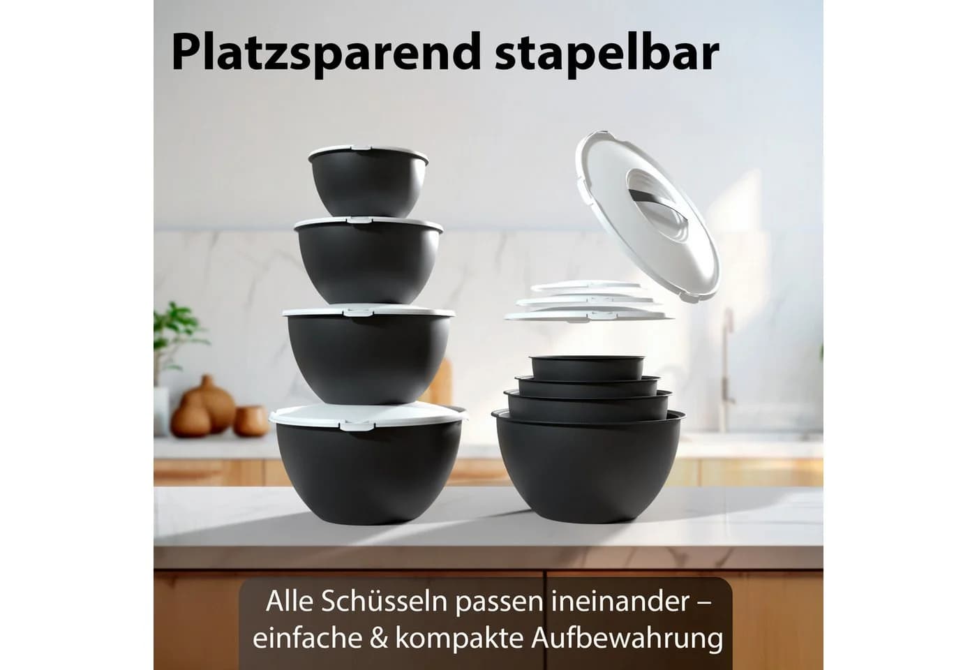 BigDean Salatschüssel Set 4-tlg. mit Deckel Anthrazit Schwarz Kunststoff