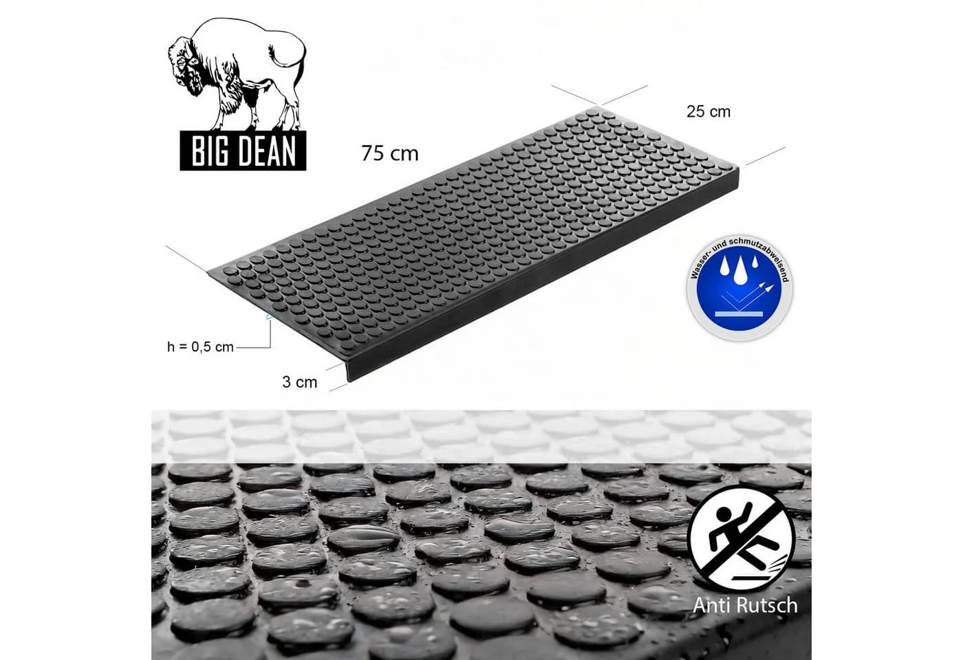 BigDean Stufenmatte Gummi Rutschhemmend Outdoor Schwarz
