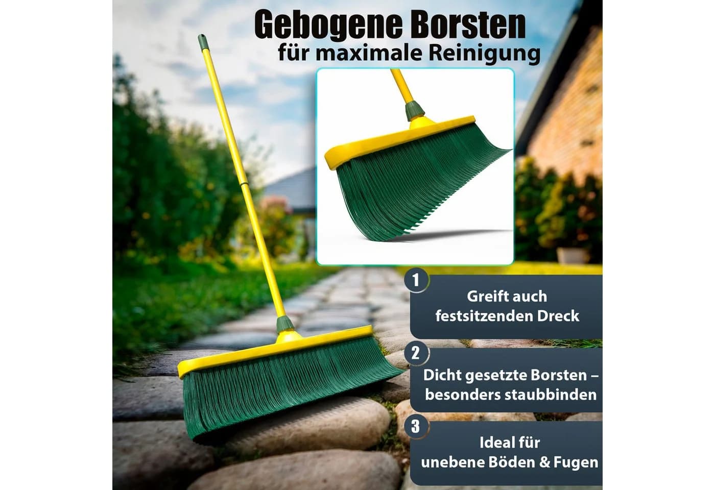BigDean Krallenbesen XL mit Teleskopstiel und gebogenen Borsten, gelb/grün