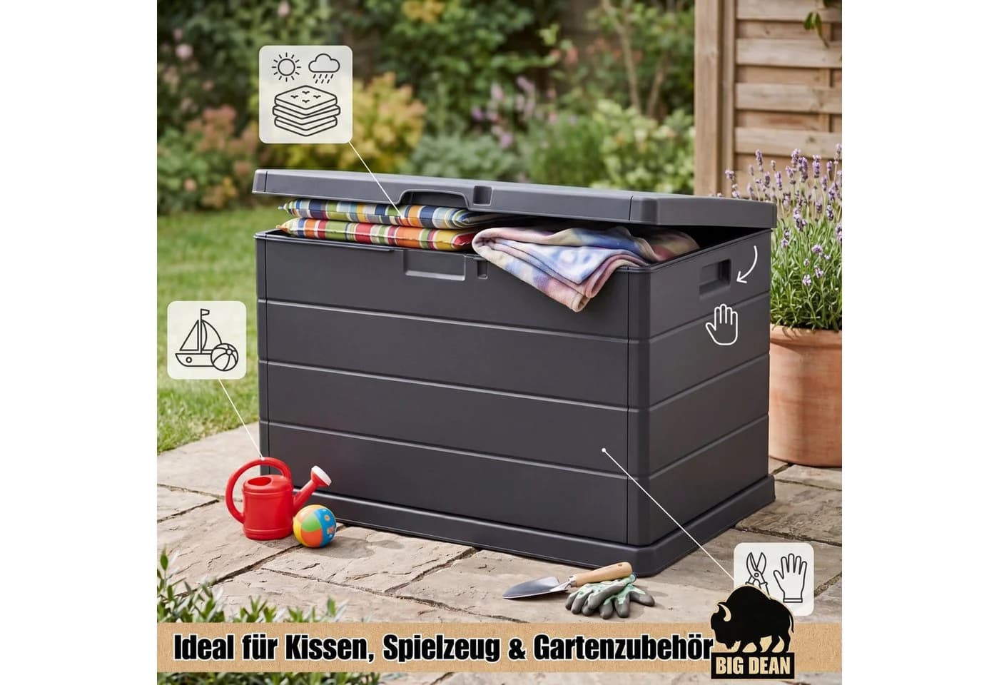 BigDean Auflagenbox Gartenbox 170L Schwarz Kunststoff