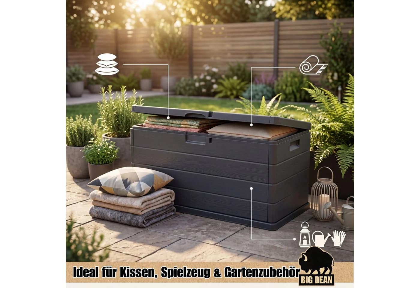 BigDean Auflagenbox 340L Wetterfest UV-Beständig Abschließbar