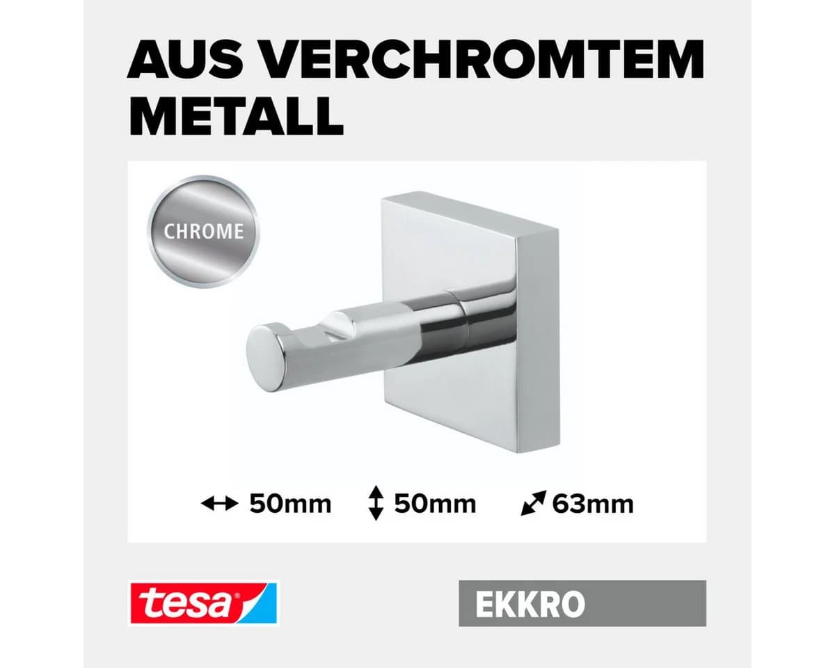 Tesa Klebehaken EKKRO Bademantelhaken Chrom, Badezimmer, Handtuchhalterung selbstklebend & ohne Bohren - silber glänzend