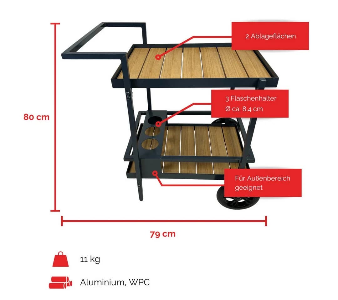 abc HOME Servierwagen Outdoor Anthrazit Holzoptik mit Flaschenhalterungen