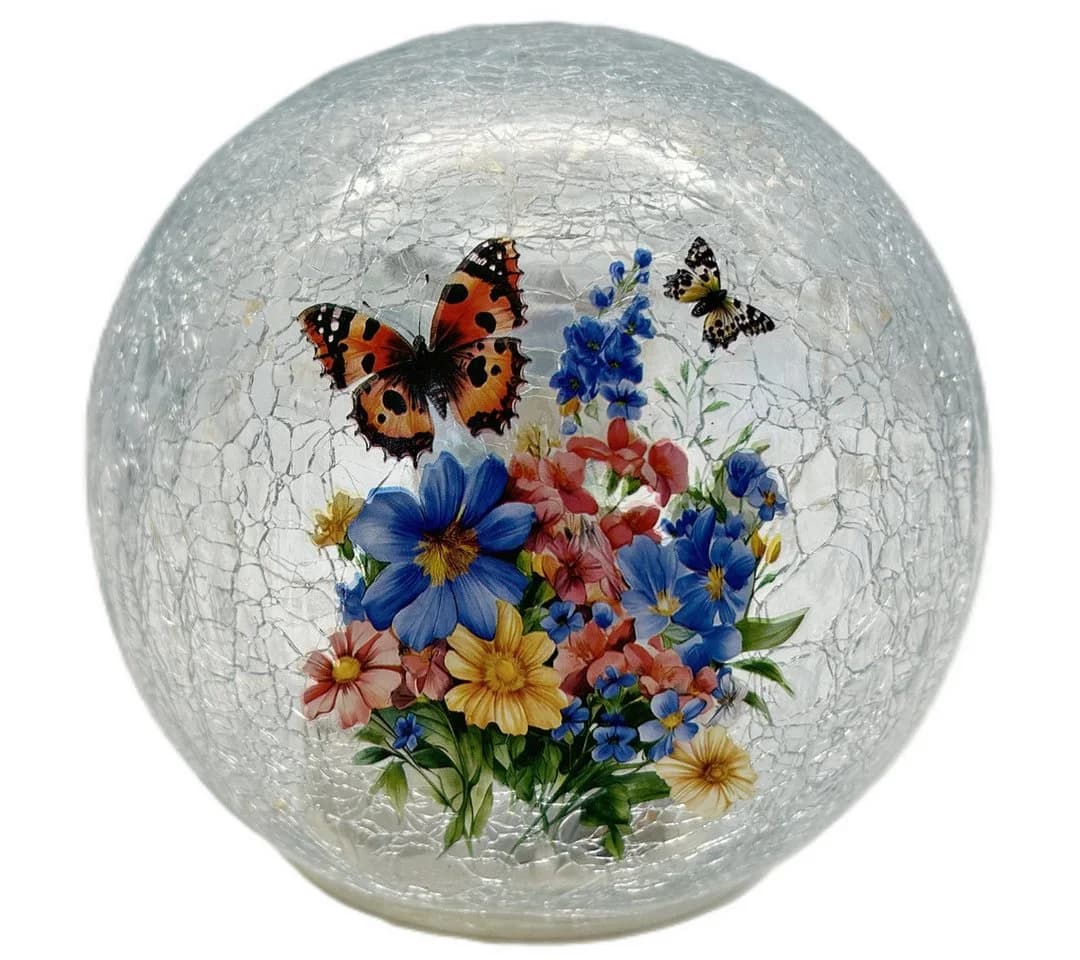 abc HOME LED Glaskugel Blumen Schmetterling Craquelé 14cm Warmweiß