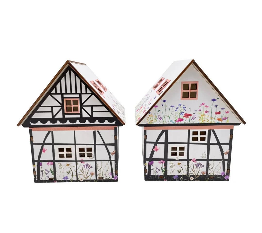 abc HOME LED Dekohäuser 2er Set Holz Blumenwiese & Fachwerk warmweiß