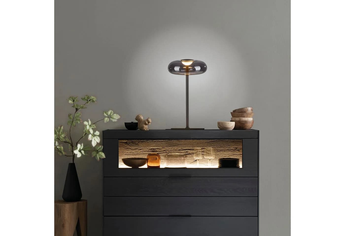 JUST LIGHT LED Tischleuchte Posh SW, dimmbar, Memoryfunktion, 1xLED-Board, Rauchglas