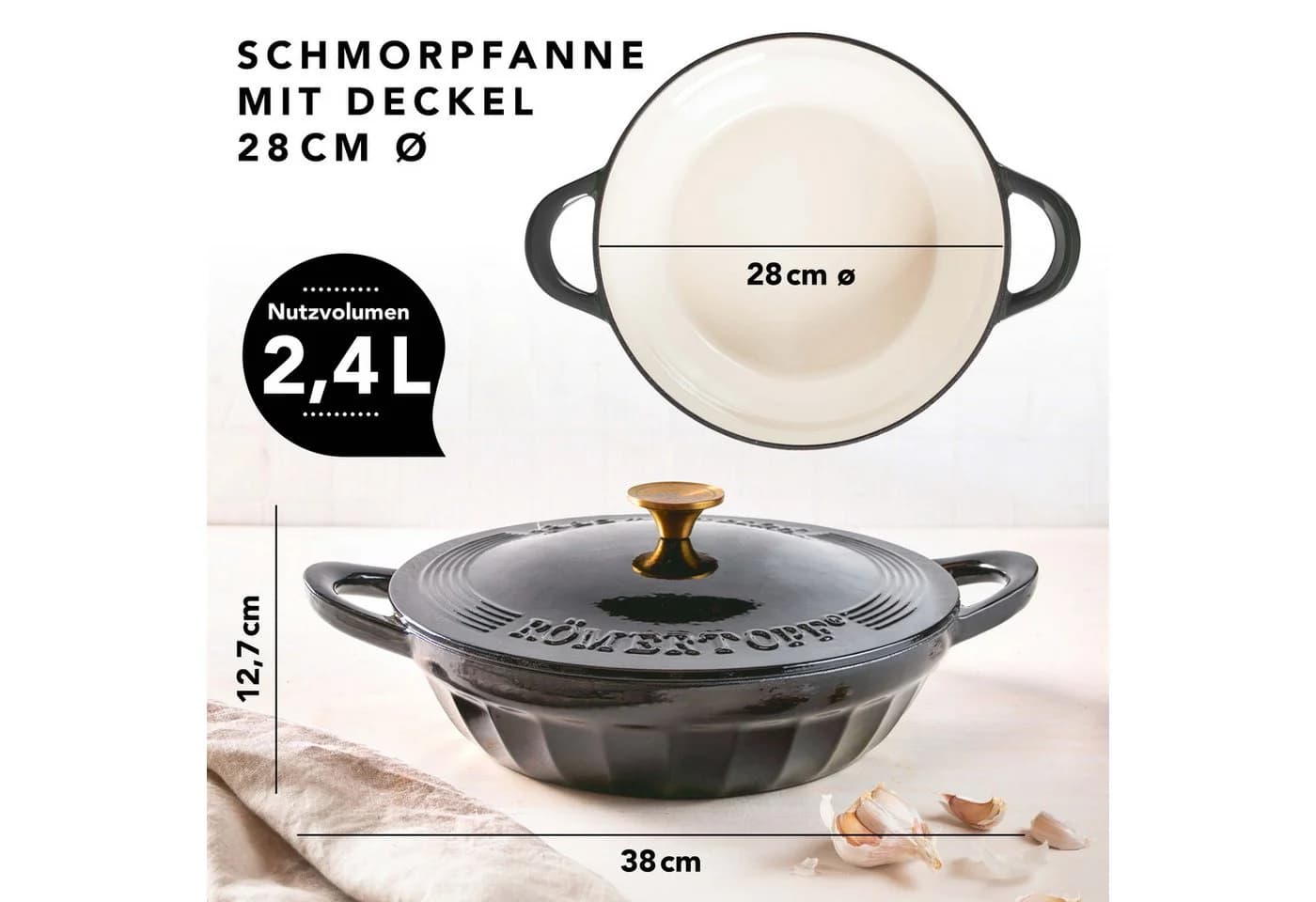 RÖMERTOPF Schmorpfanne Gusseisen 28cm Schwarz Emaille