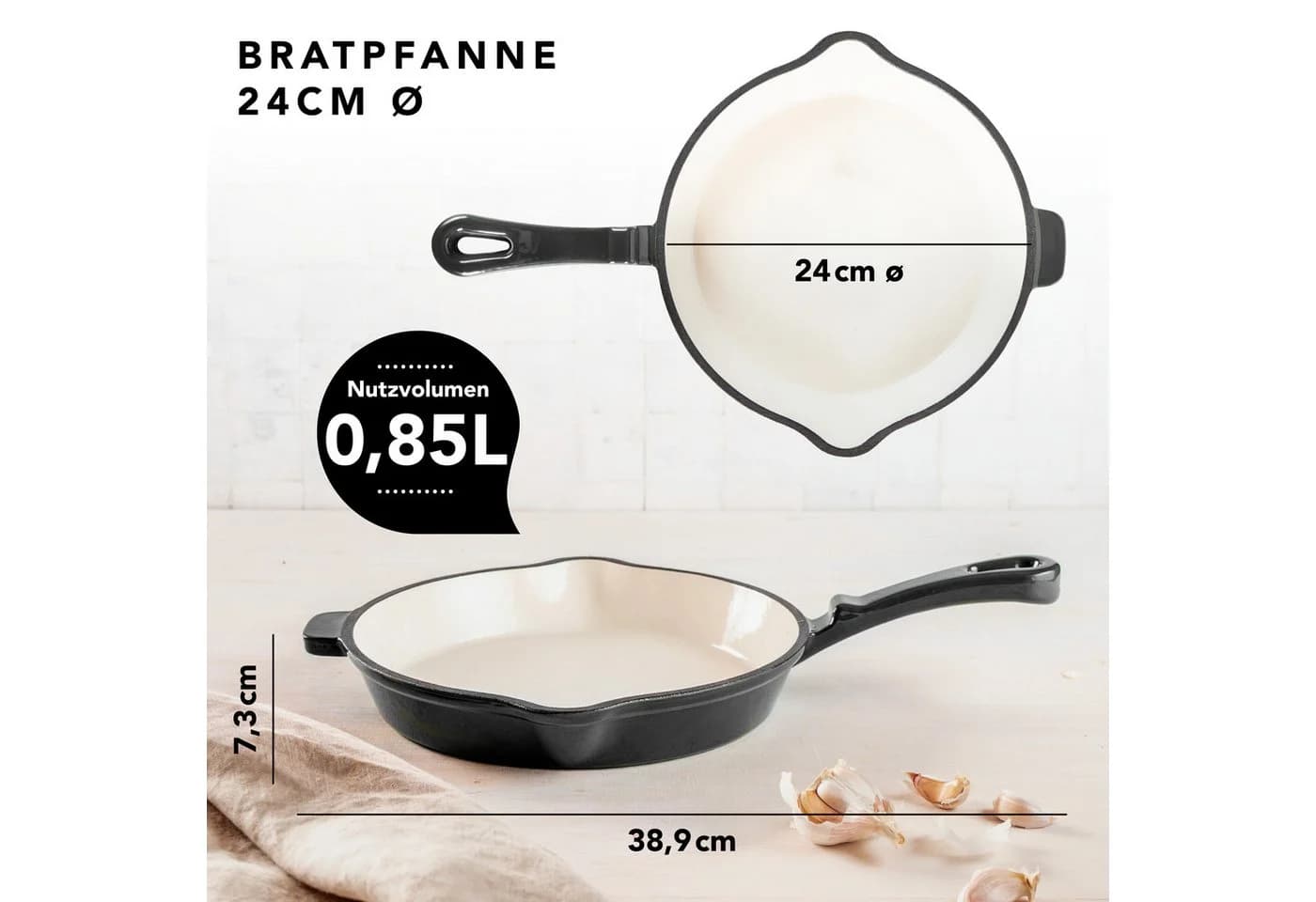 RÖMERTOPF Bratpfanne Gusseisen 24cm Schwarz Emaille