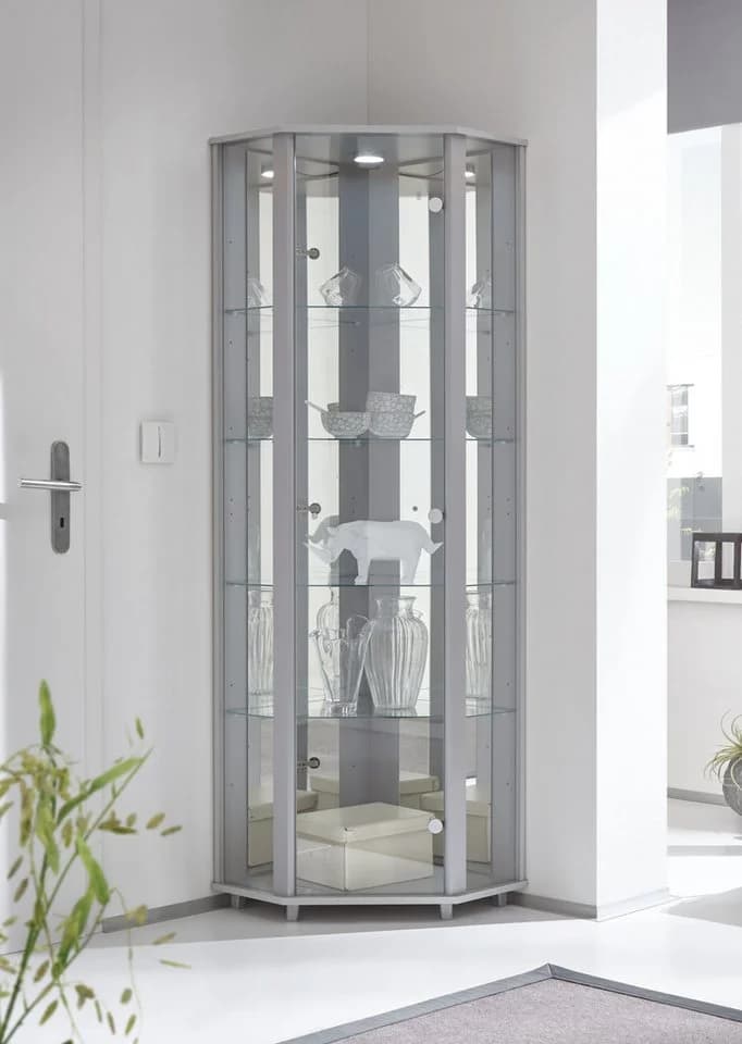 fif möbel Eckvitrine TRIO mit LED-Beleuchtung Silber