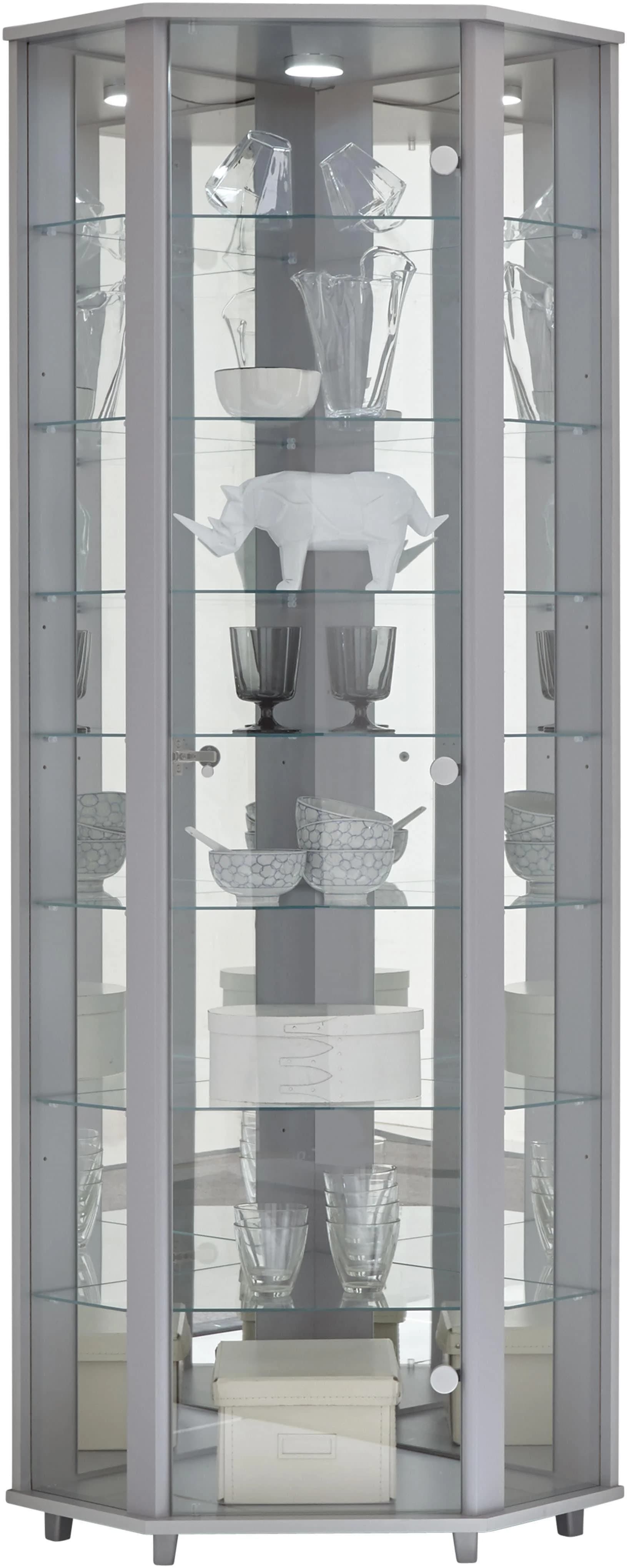 FIF MÖBEL Eckvitrine TRIO Silber mit LED-Beleuchtung