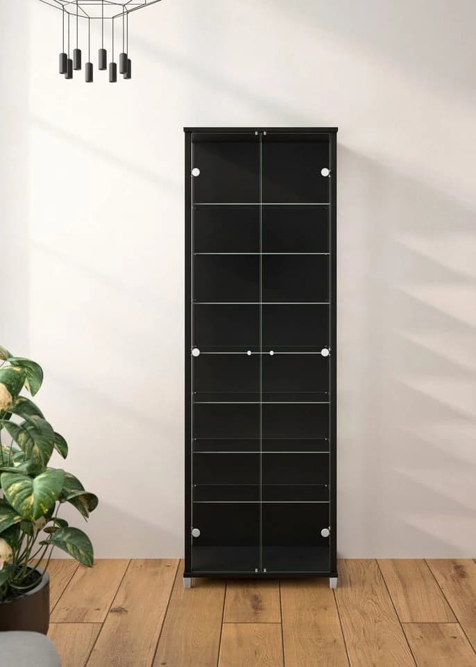 FIF MÖBEL Vitrine Optima Schwarz mit 7 Glasböden und ESG-Sicherheitsglas