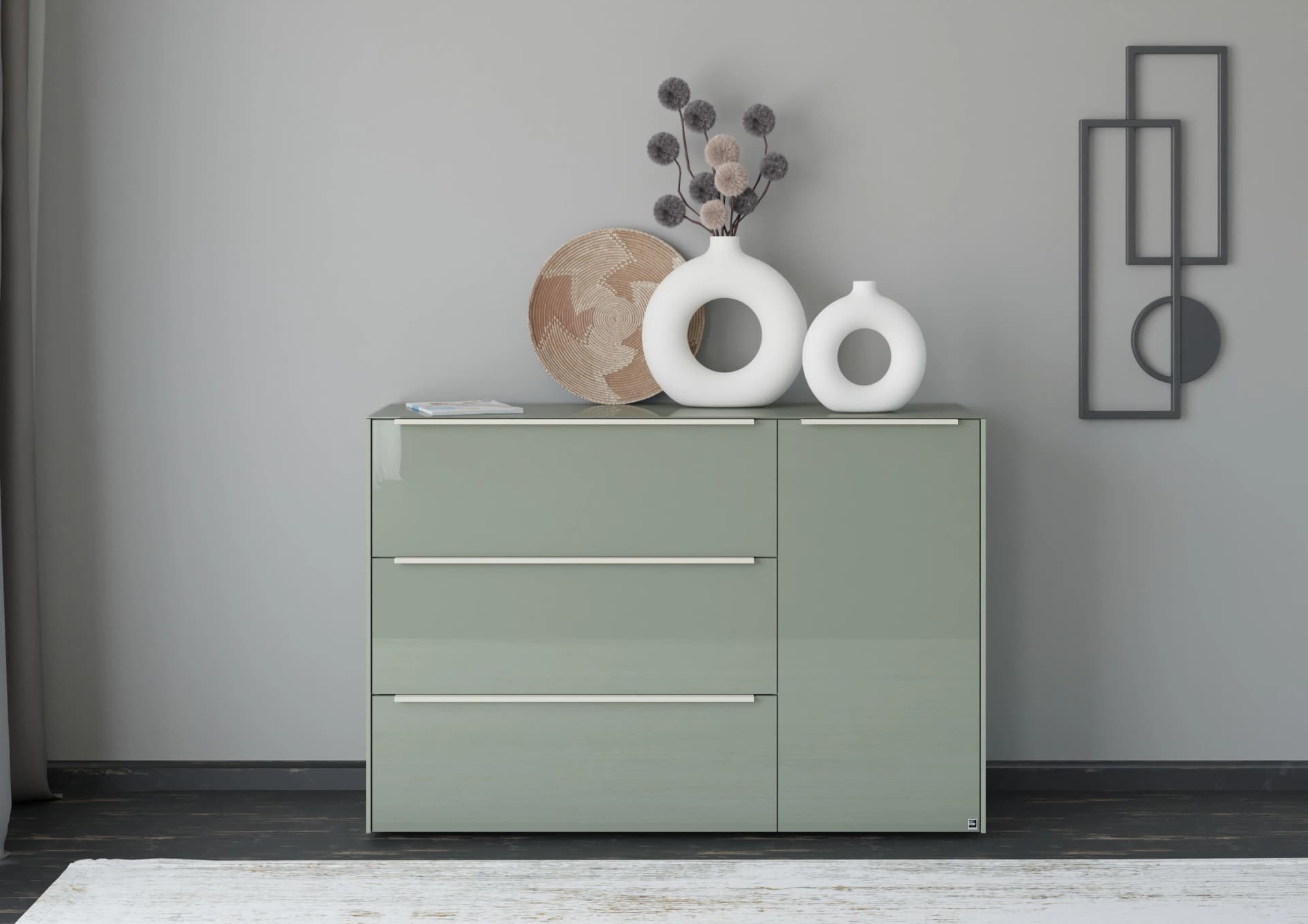 Sideboard Reno olivgrün matt lack, glas olivgrün glanz, SET ONE BY MUSTERRING