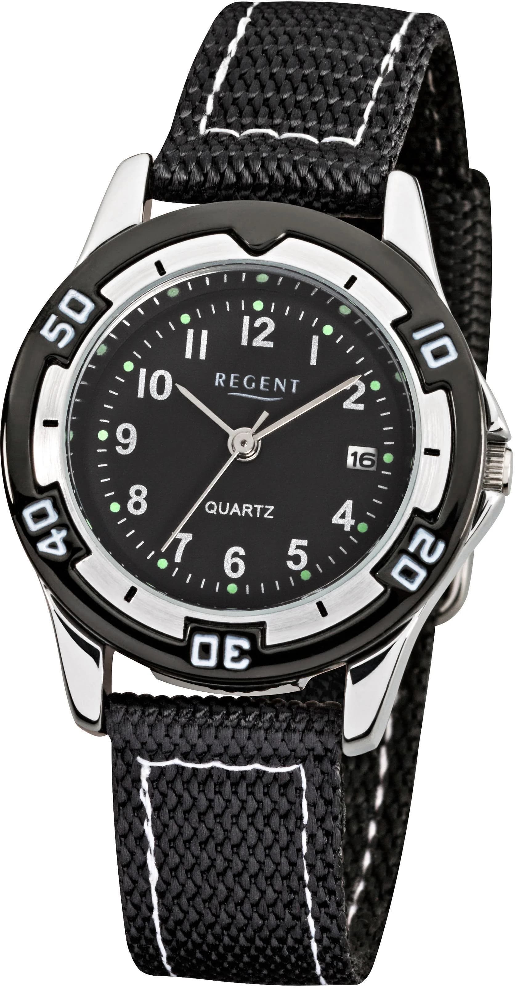 REGENT Kinderuhr Quarz Schwarz Textilarmband Lernuhr