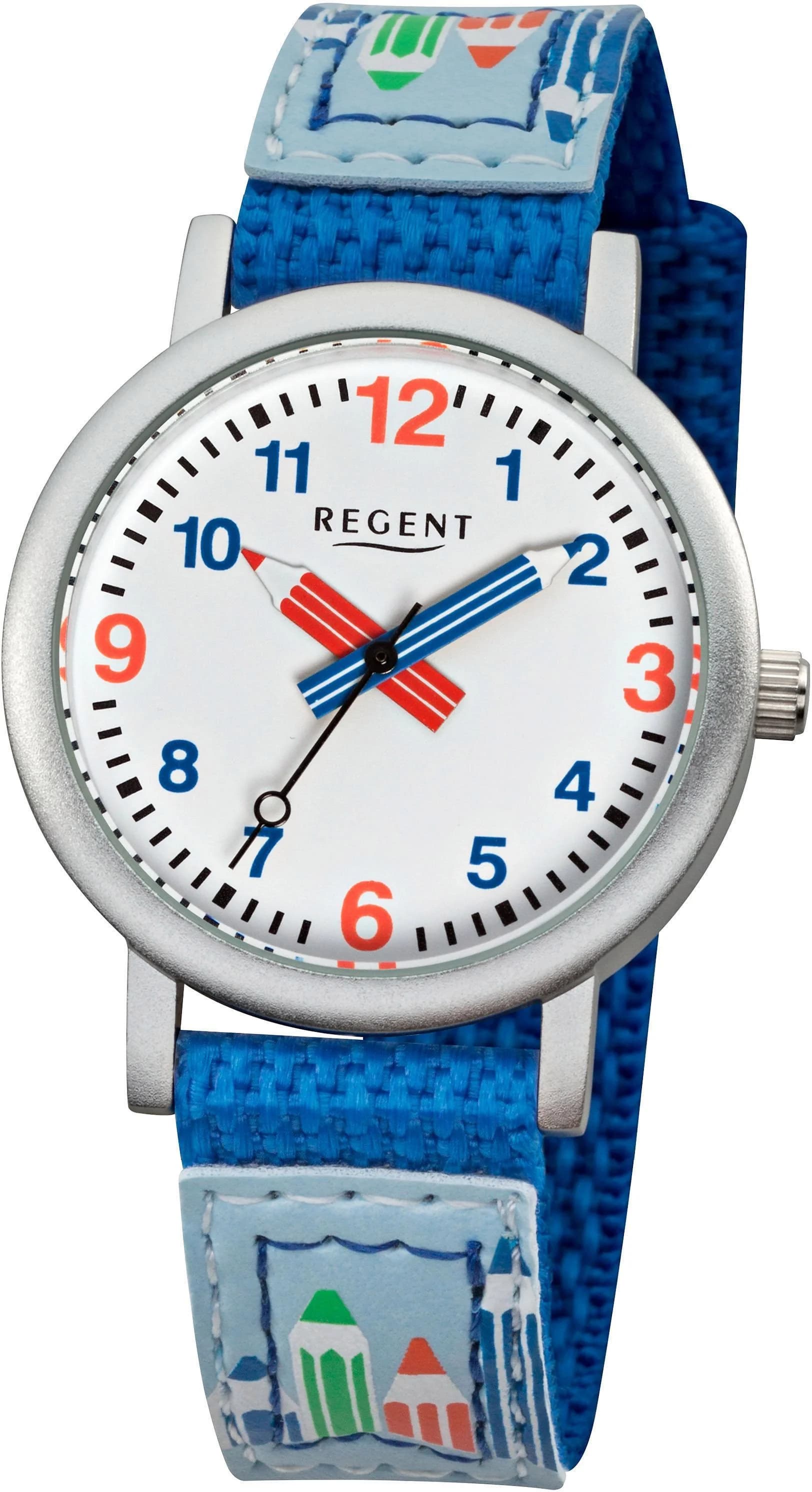 REGENT Quarzuhr Kinderuhr 7729.11.14 blau bunt Lernuhr