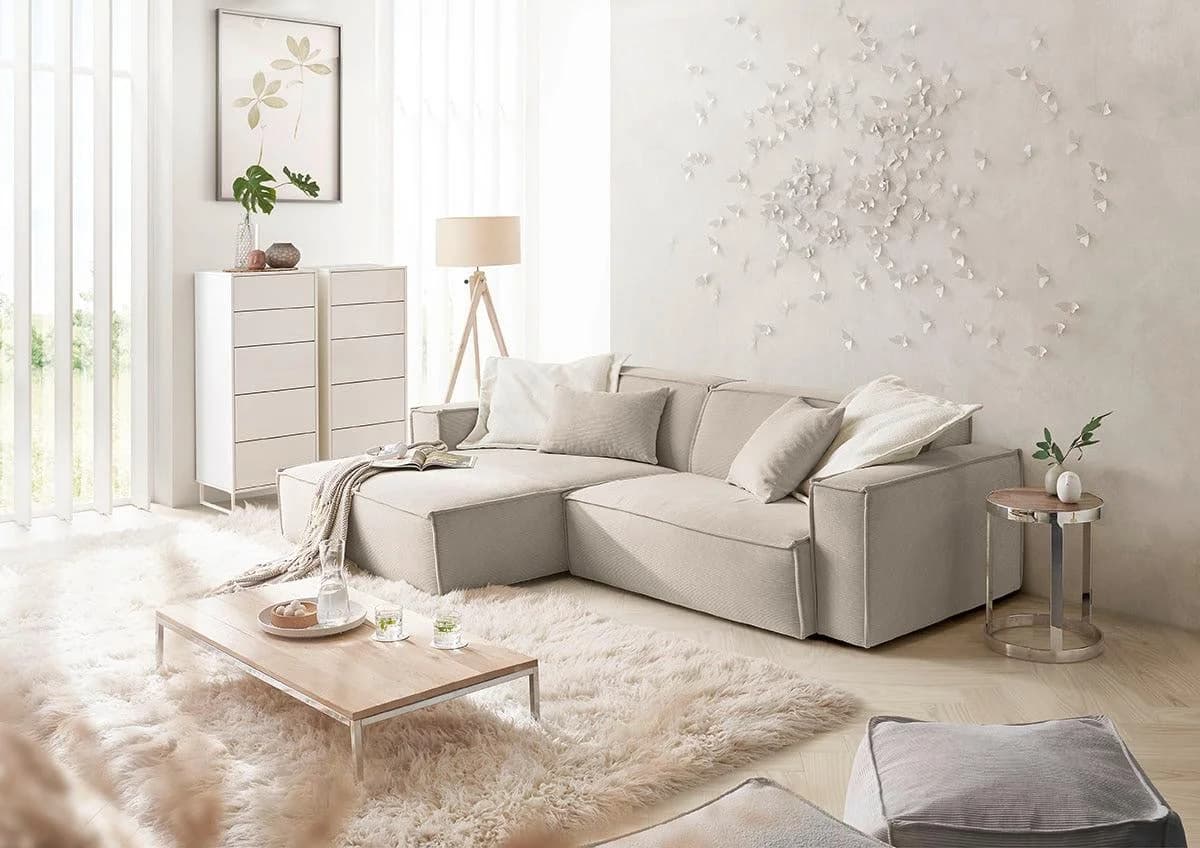 Ecksofa 3C CANDY Matteo L-Form Beige Feincord mit Zierkissen